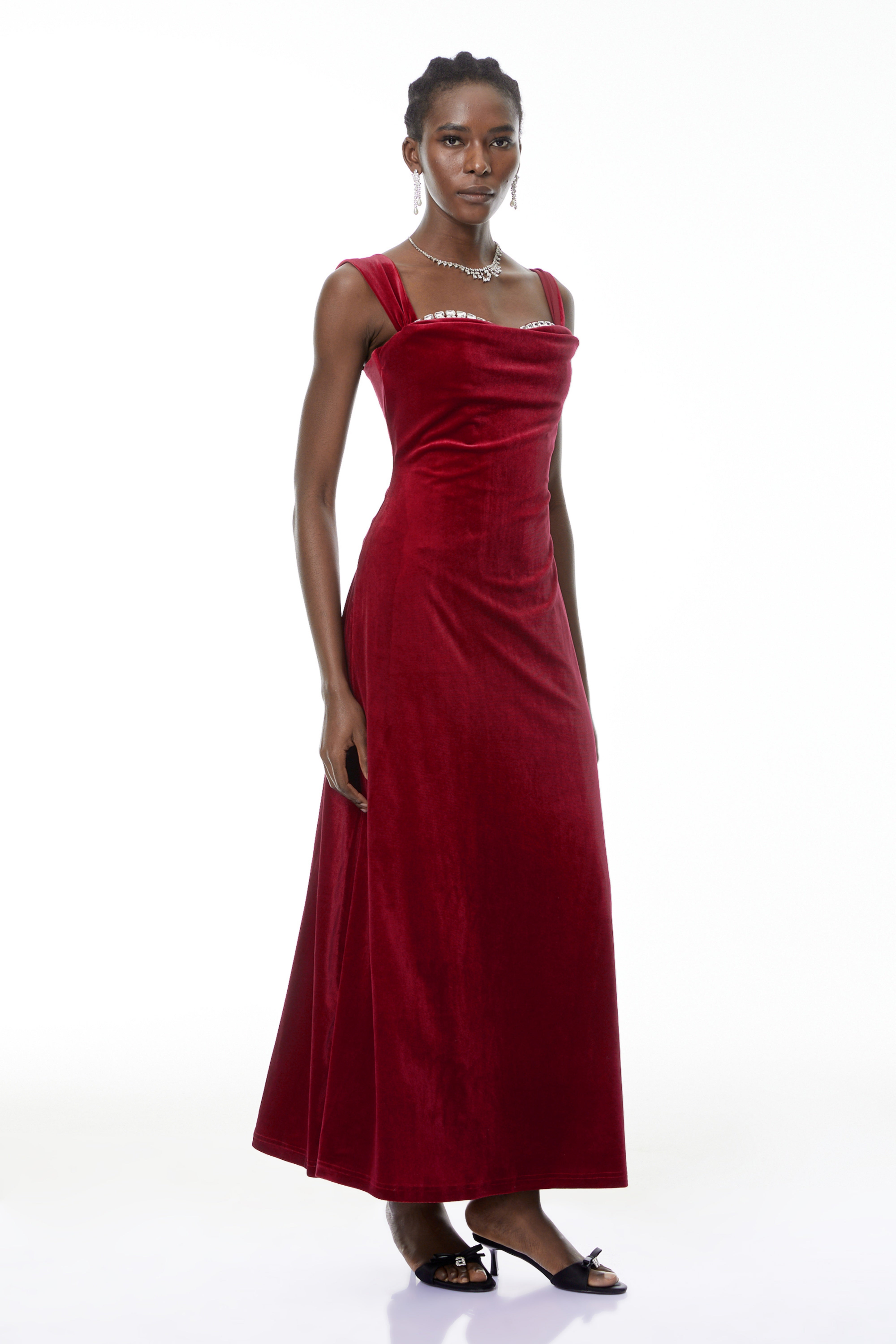 Eufrosina Red Velvet Maxi Dress with Crystals