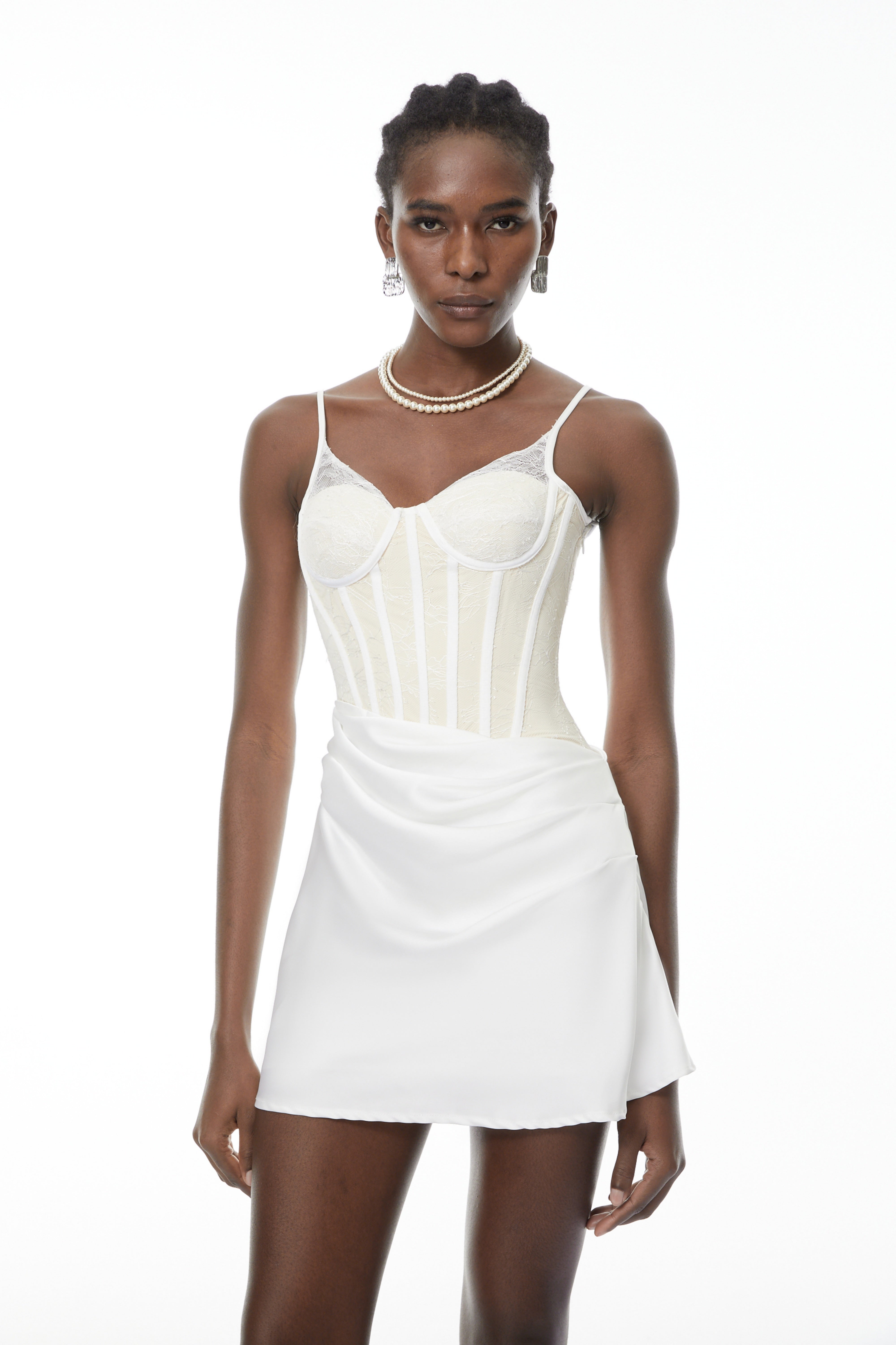 Eufrosina White Bodycon Mini Dress with Lace Panels