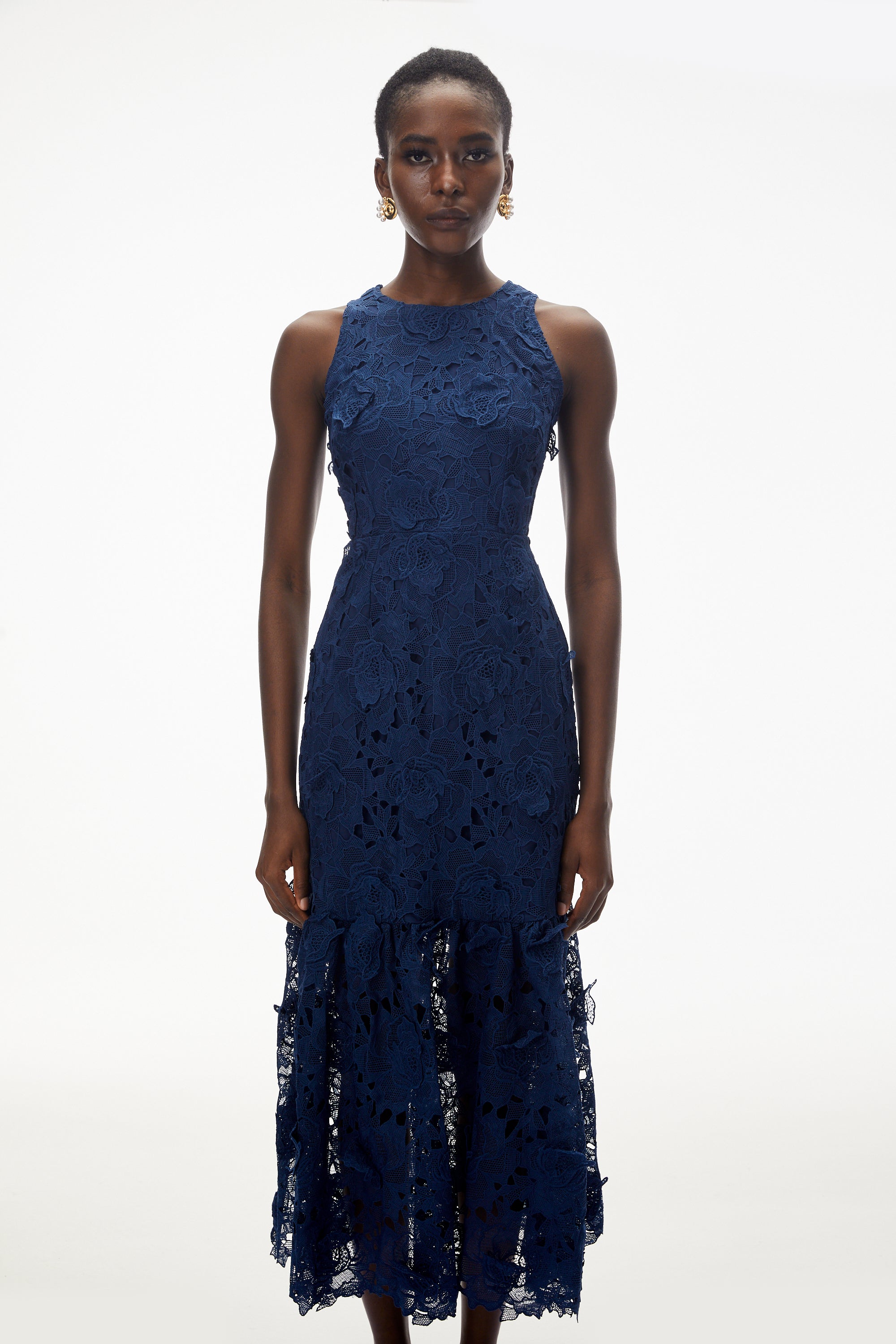 Briseis Blaues Midikleid mit 3D-Blumenmuster