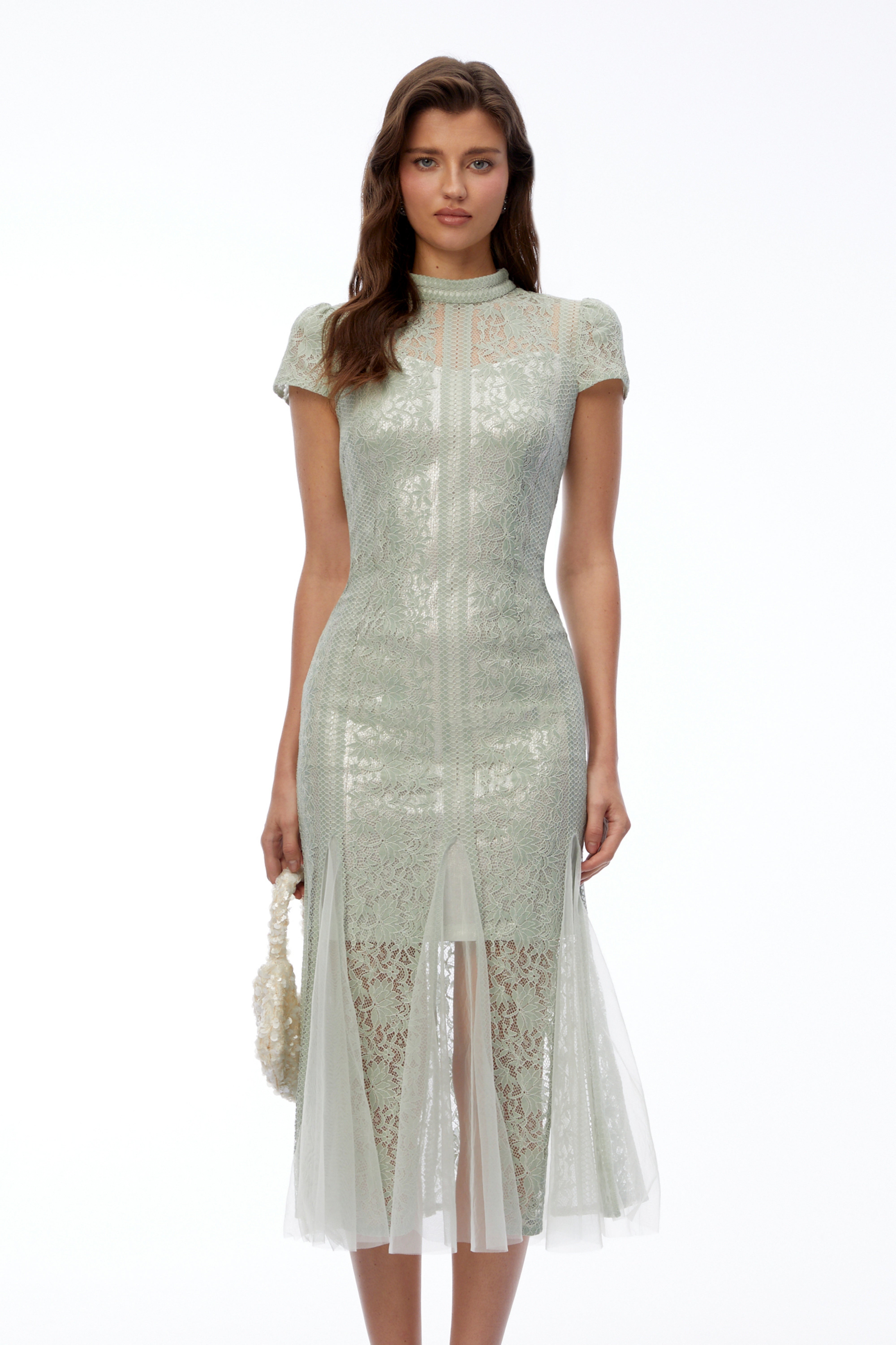Eva Sage Green Mock Neck Lace Midi Dress