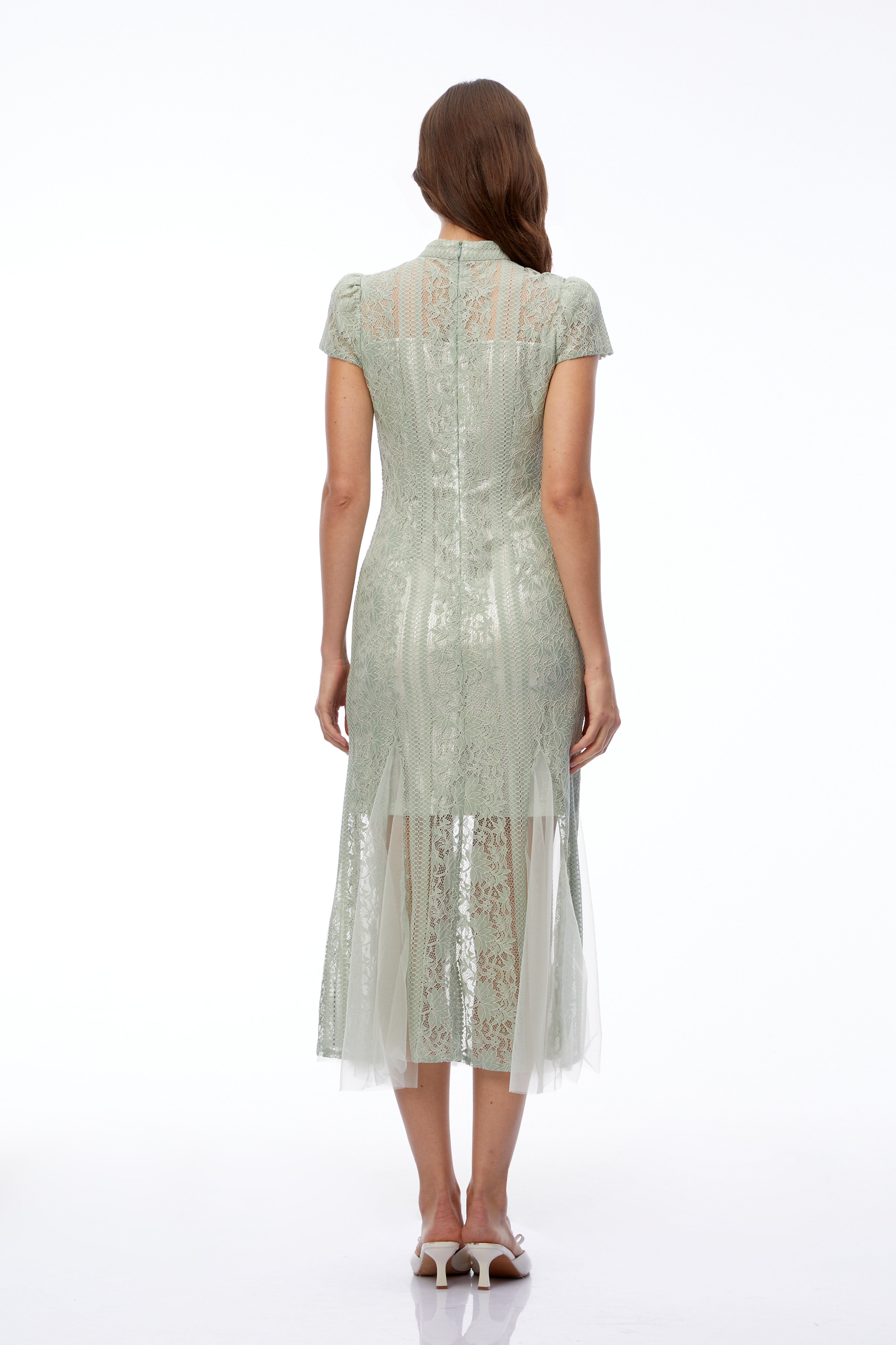 Eva Sage Green Mock Neck Lace Midi Dress