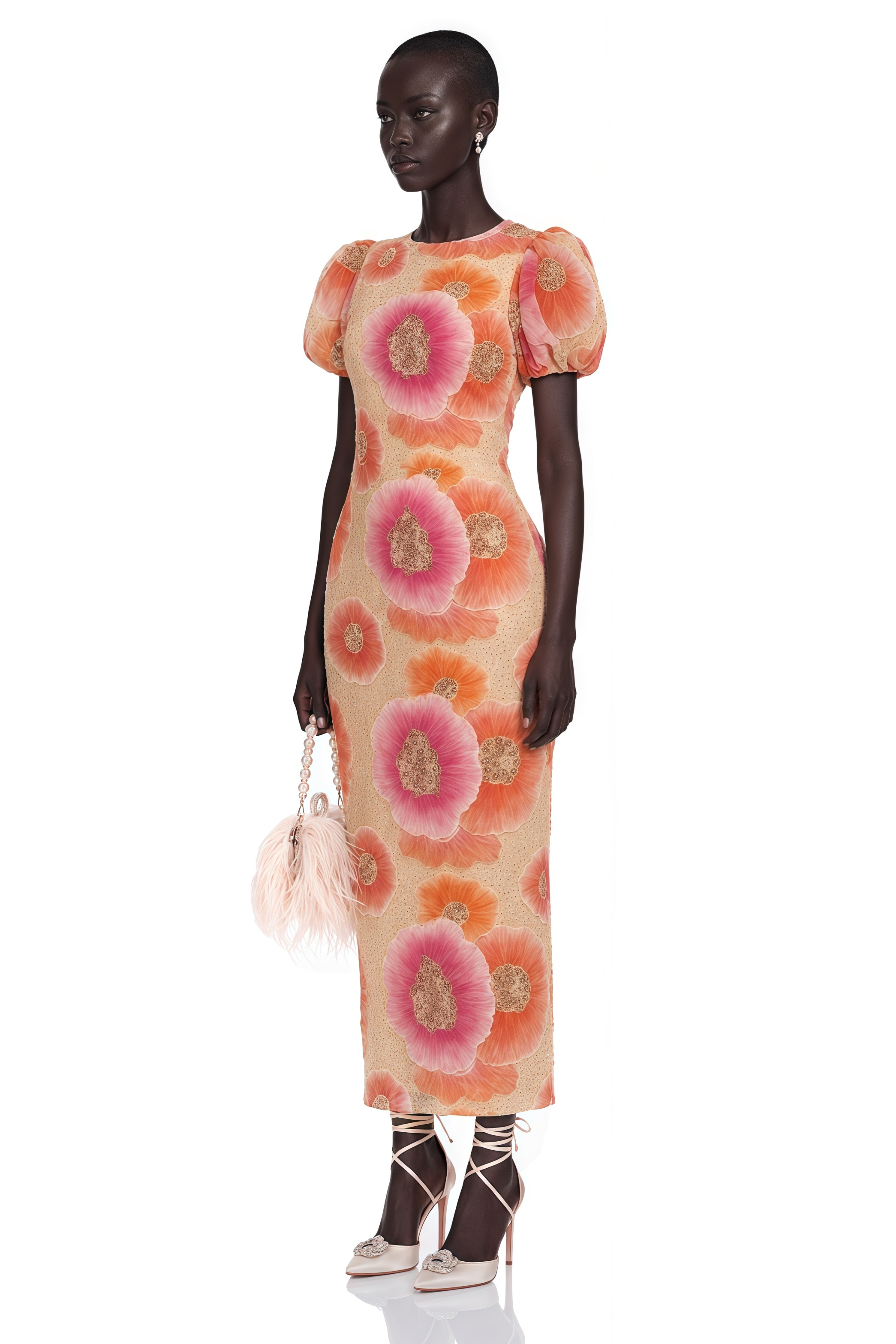 Evangeline Orange Floral Print Midi Dress with Sequins and Rhinestones
