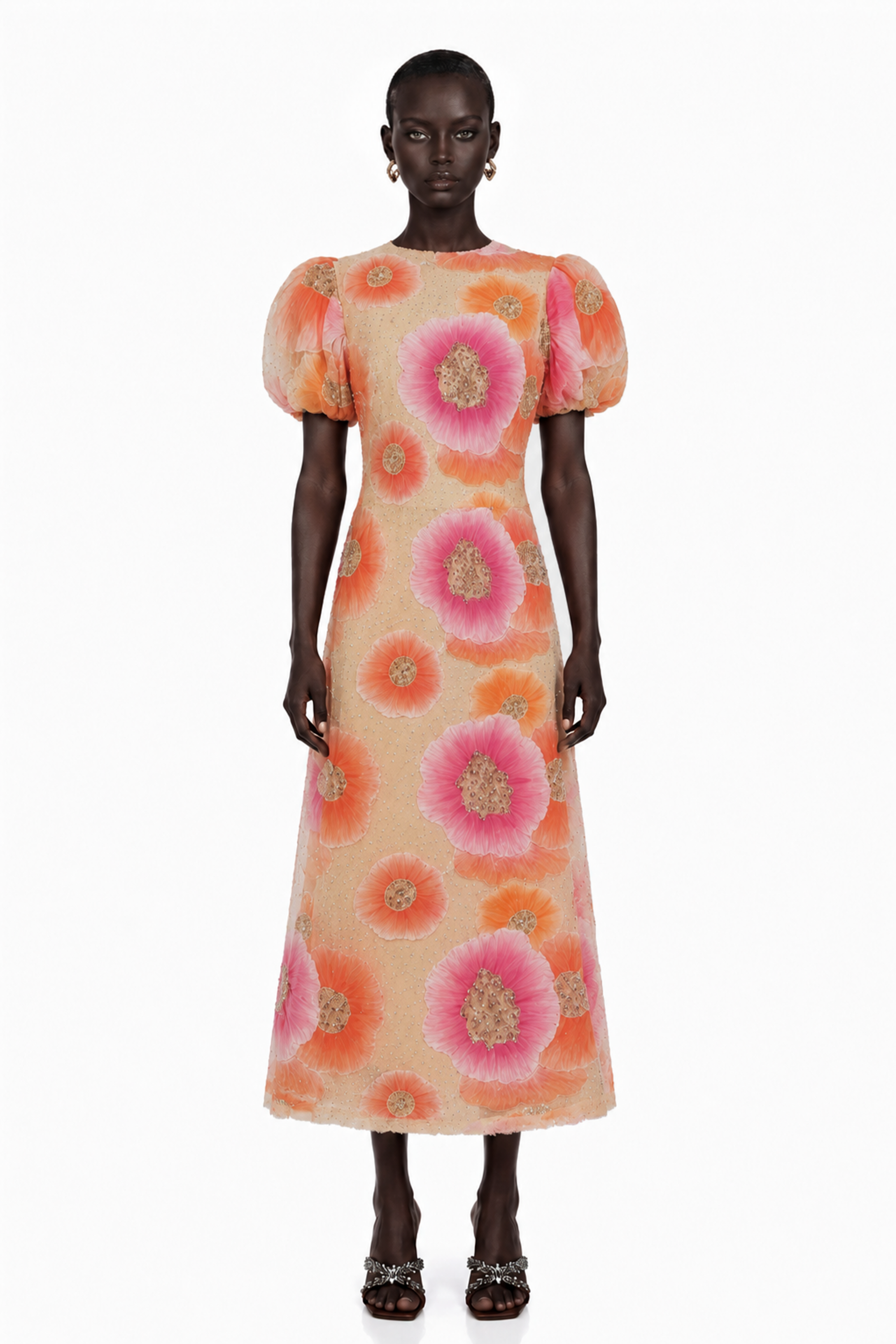 Beige puff-sleeve midi dress with large pink and orange floral prints