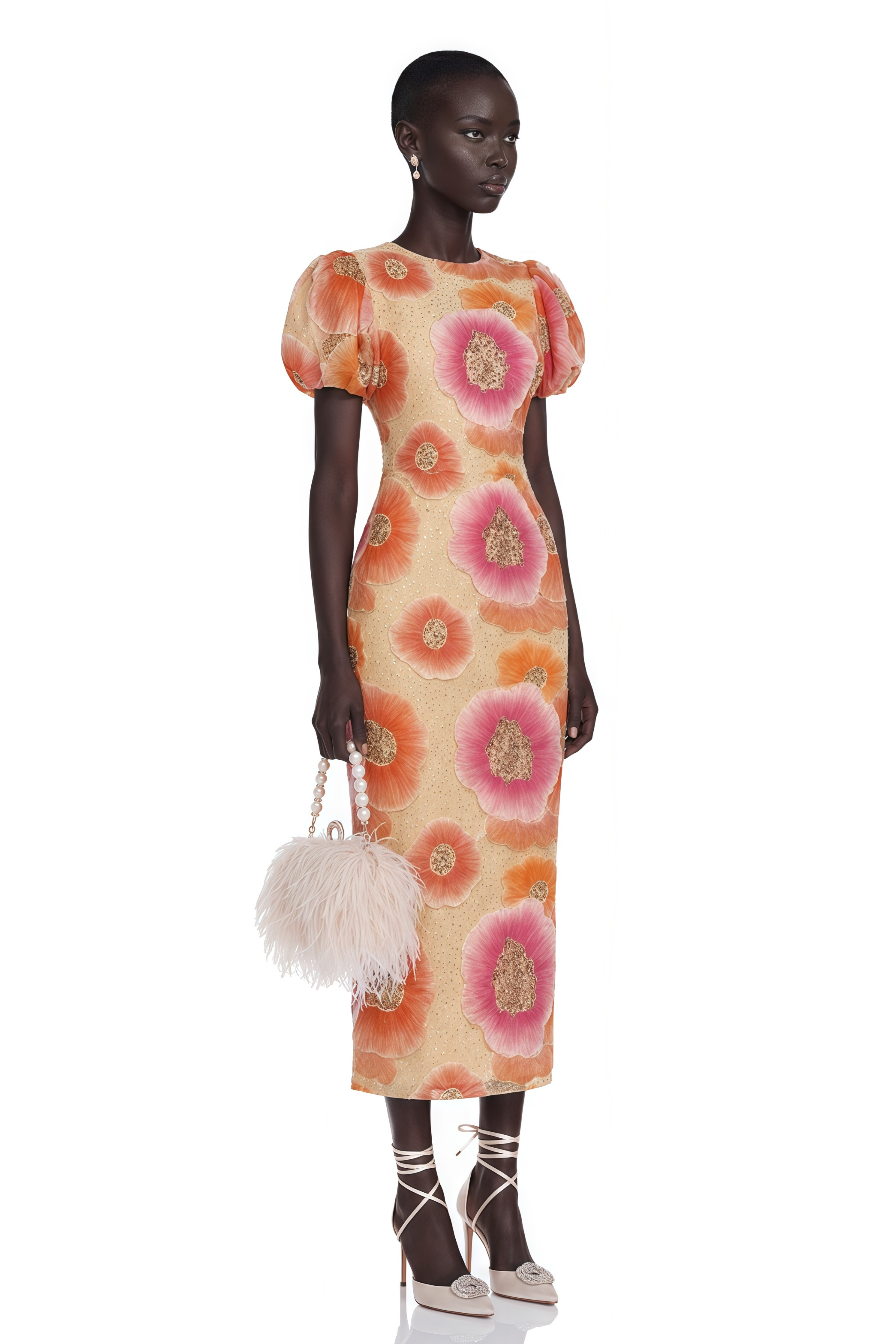 Evangeline Orange Floral Print Midi Dress with Sequins and Rhinestones
