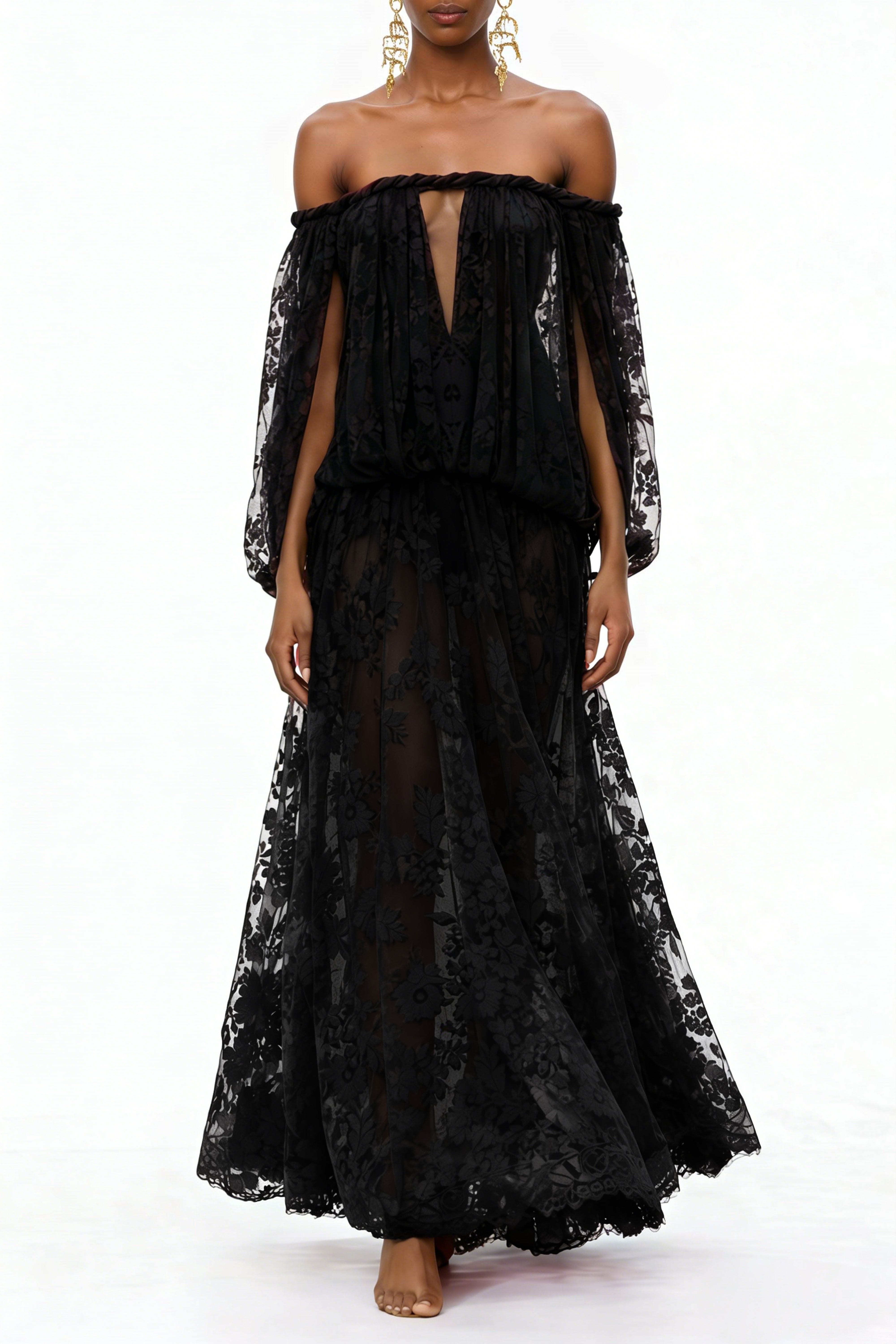 Black Floral Appliqué Maxi Dress