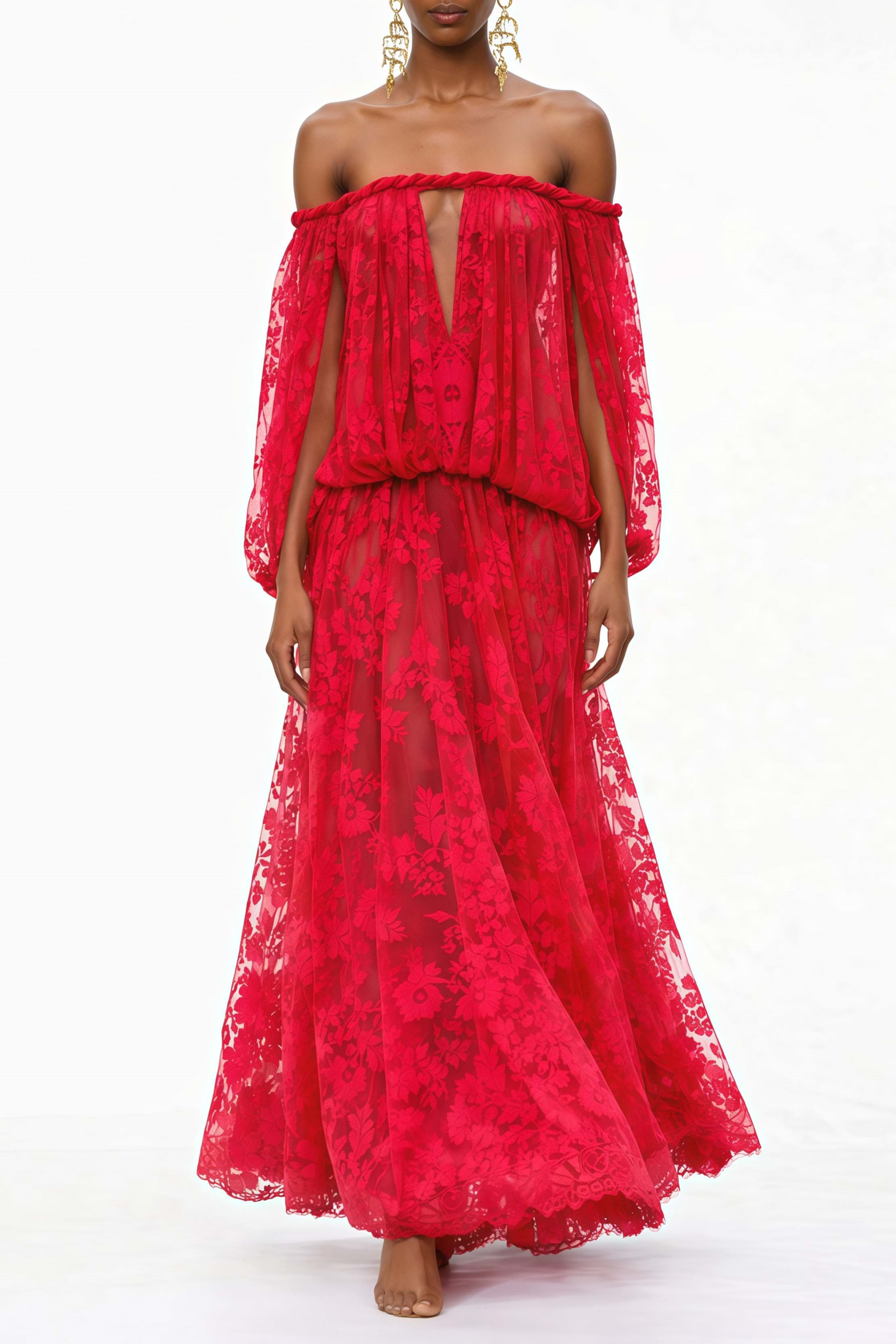 Fabienne Maxikleid mit roten Blumenapplikationen