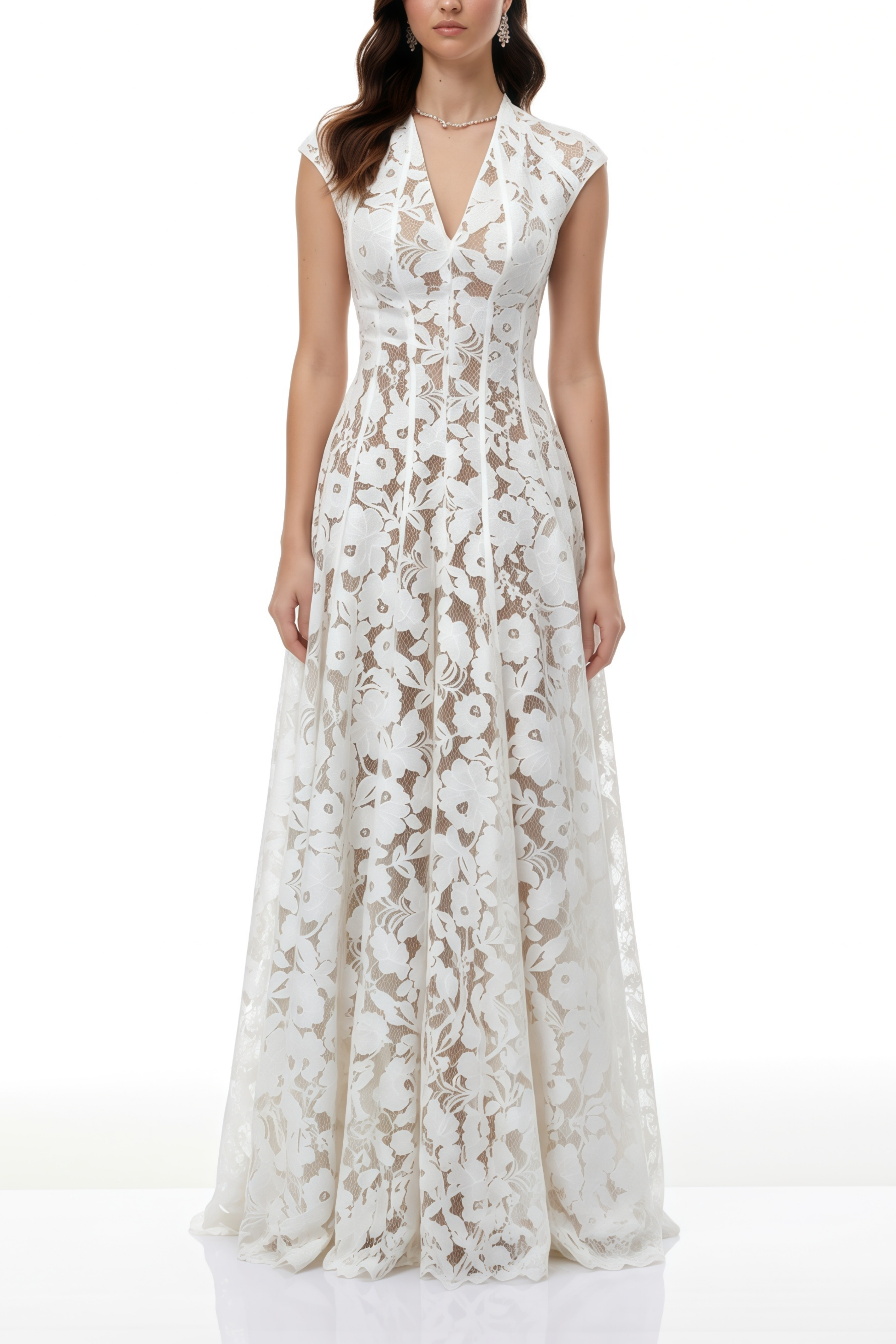Fariba White V-Neck Floral Lace Maxi Dress