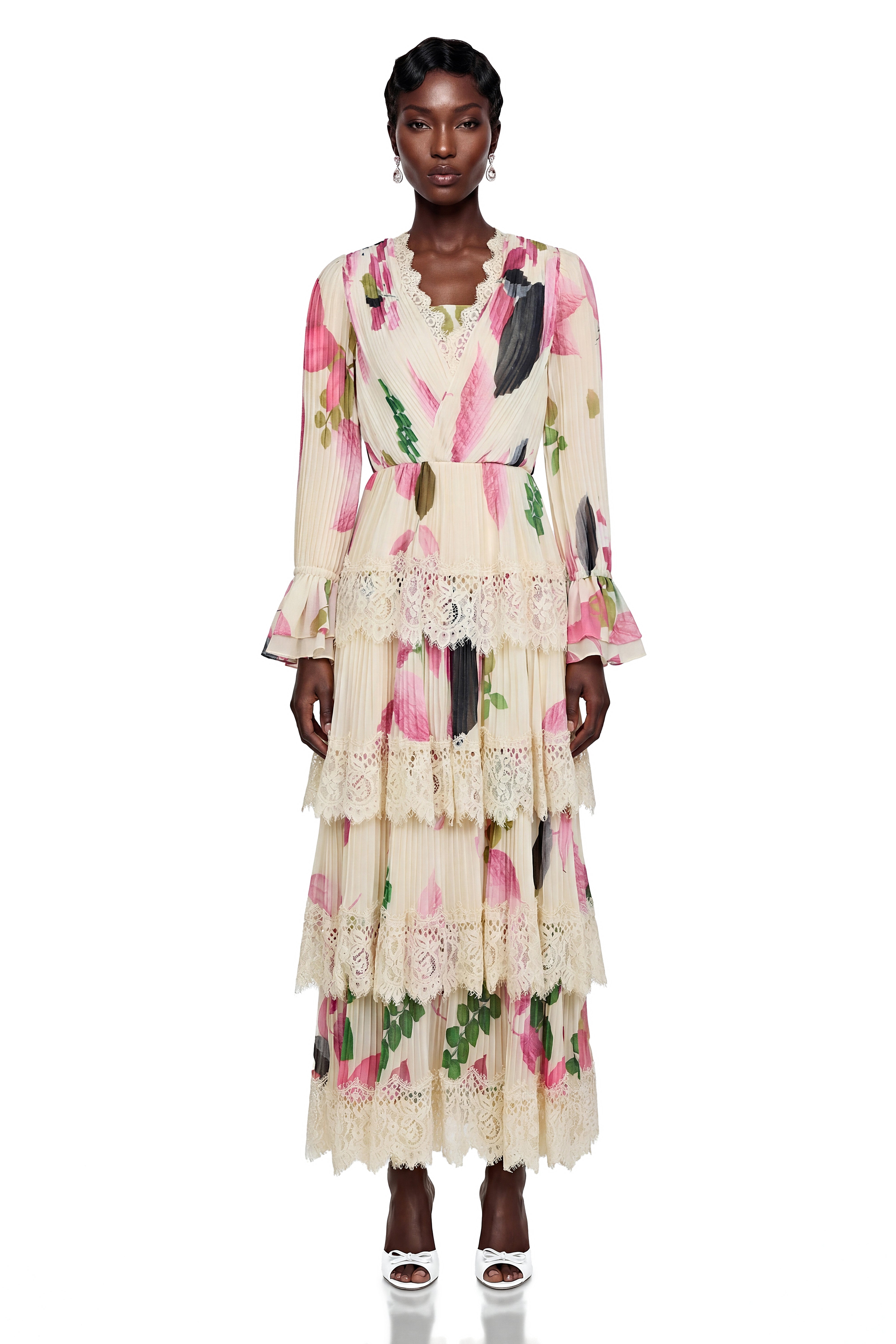 Farnaz Cream Floral Print Maxi Dress with Lace Trim