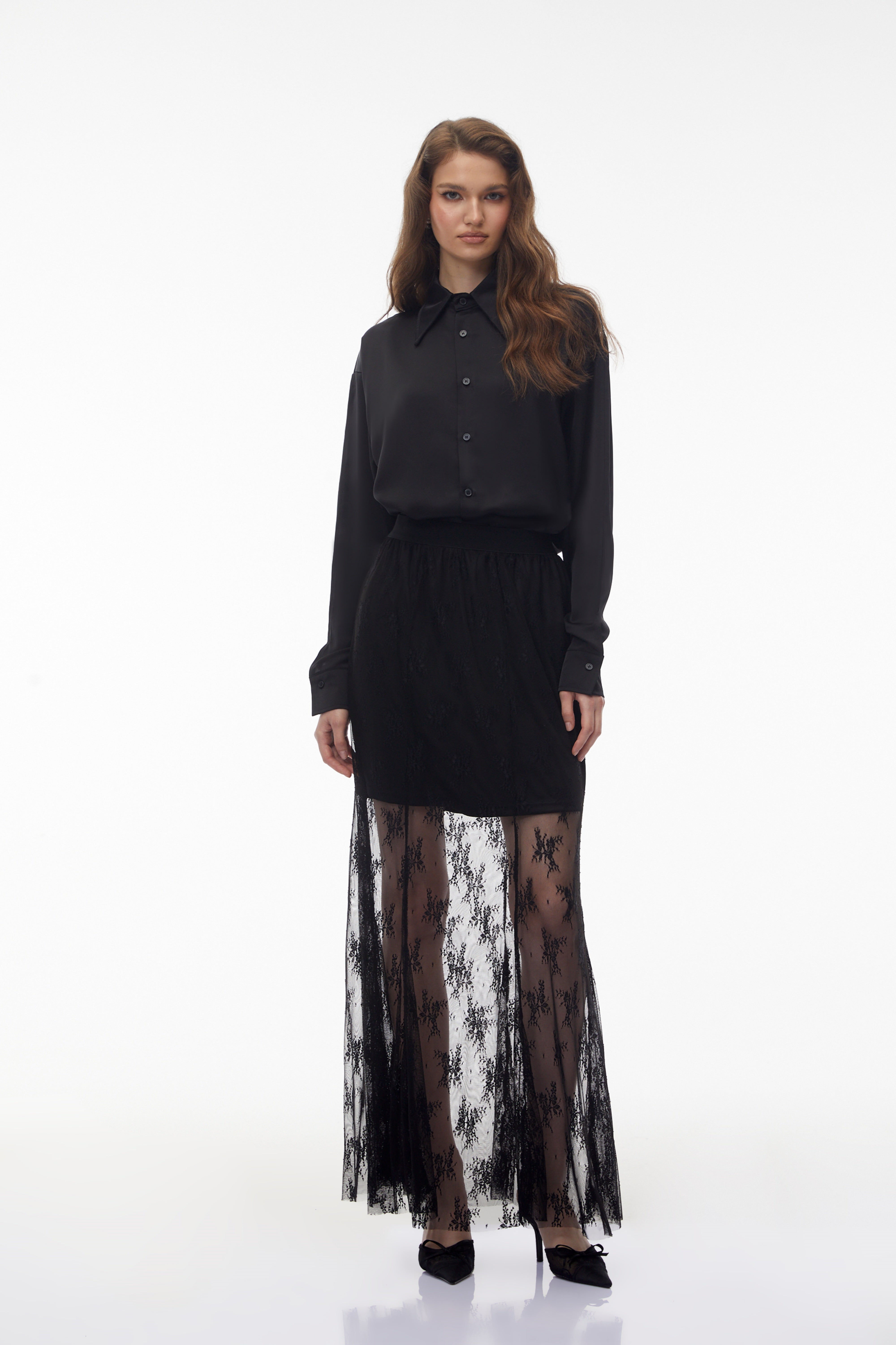 Fauna – Set aus schwarzem Satinhemd und -rock