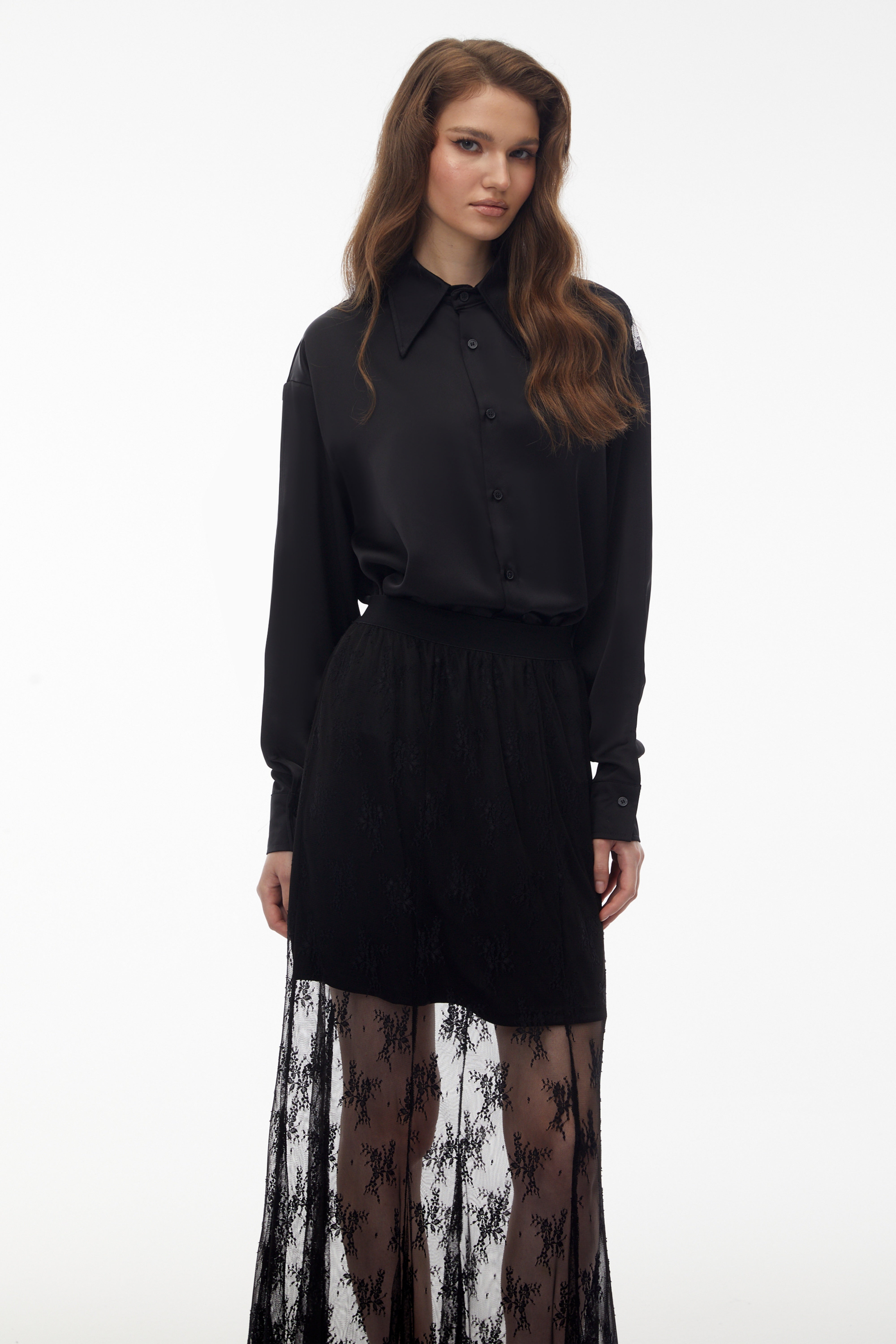 Fauna – Set aus schwarzem Satinhemd und -rock