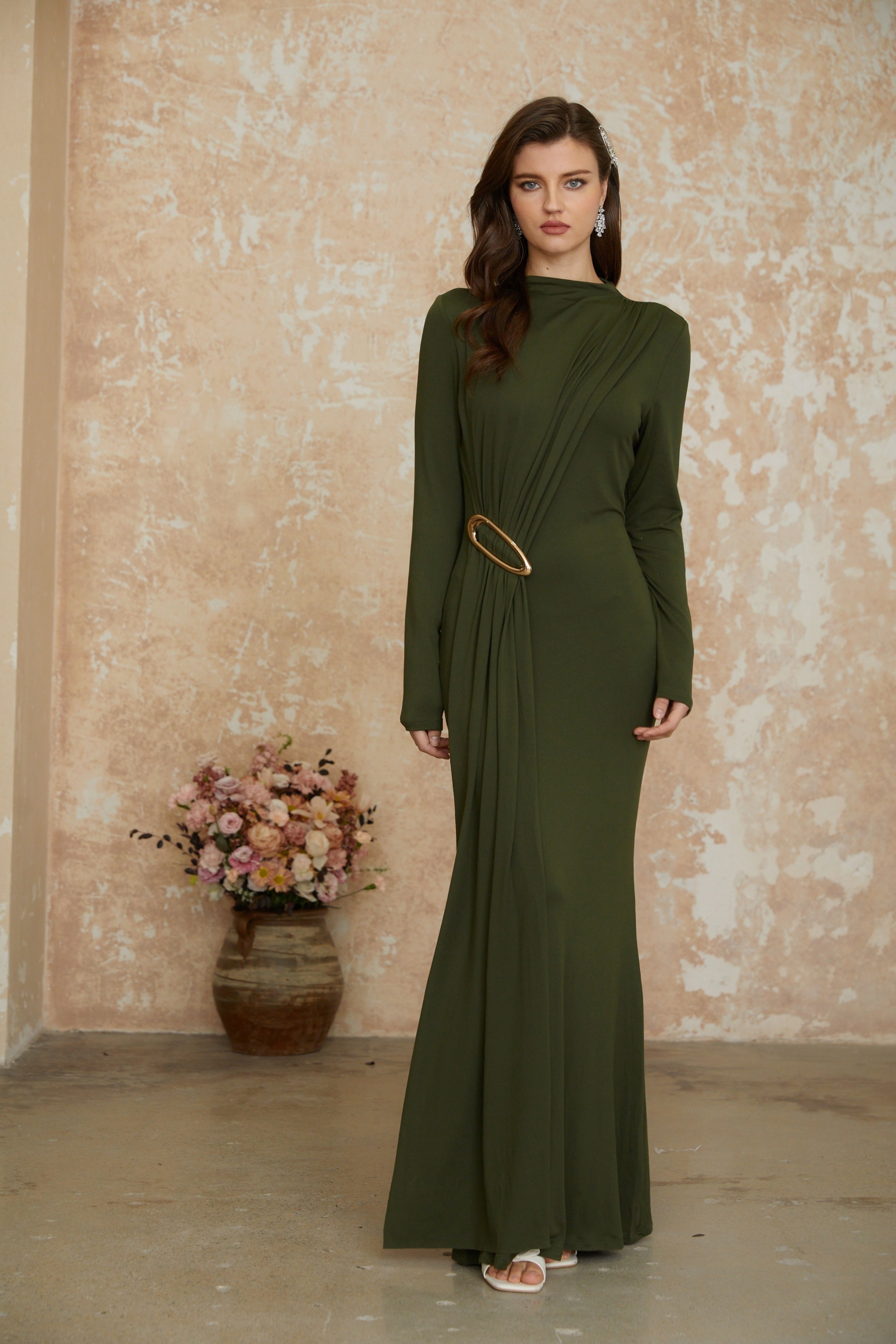 Fawn Green Ruched Maxi Dress with Ribbon Detail