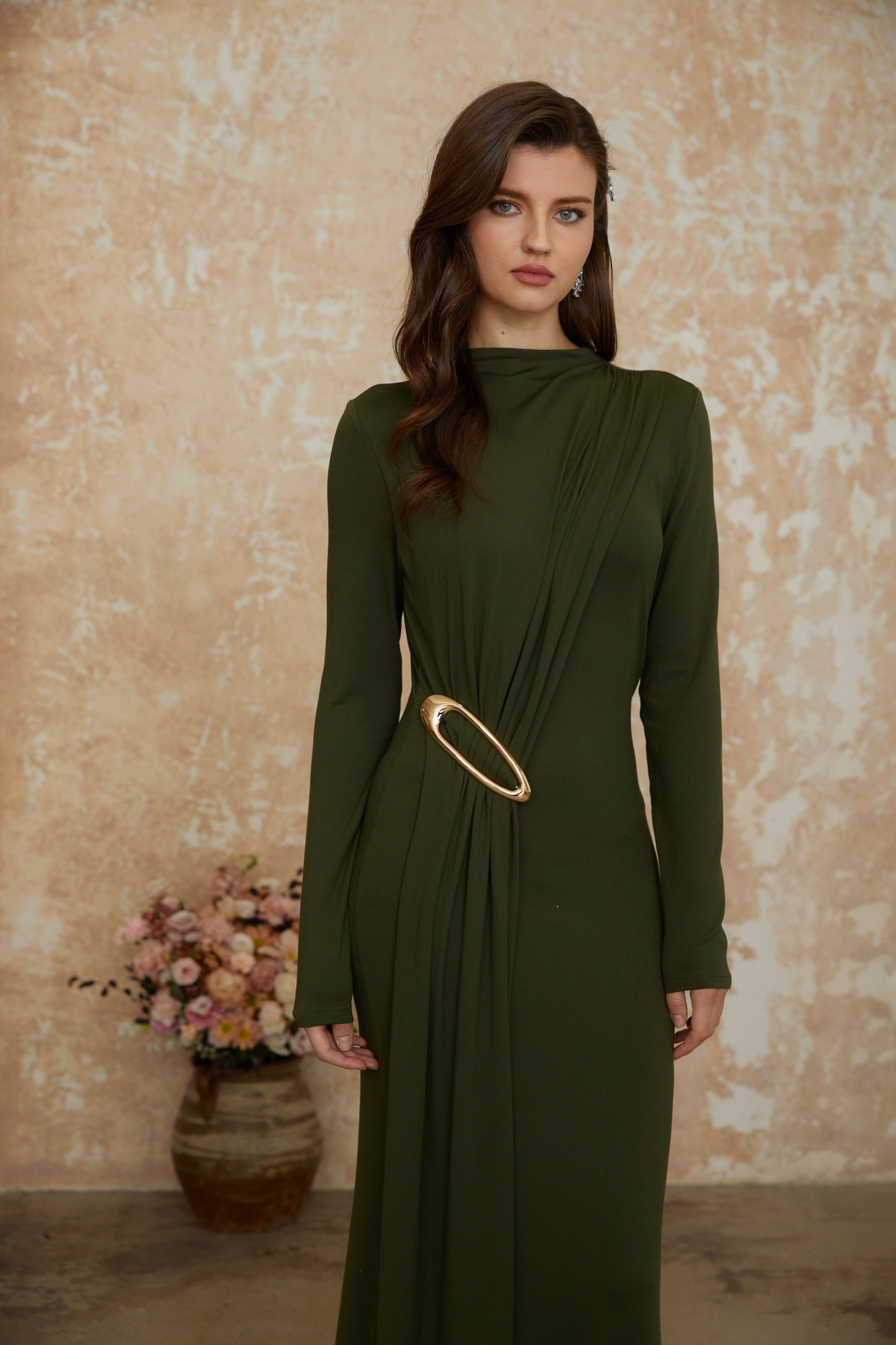 Fawn Green Ruched Maxi Dress with Ribbon Detail
