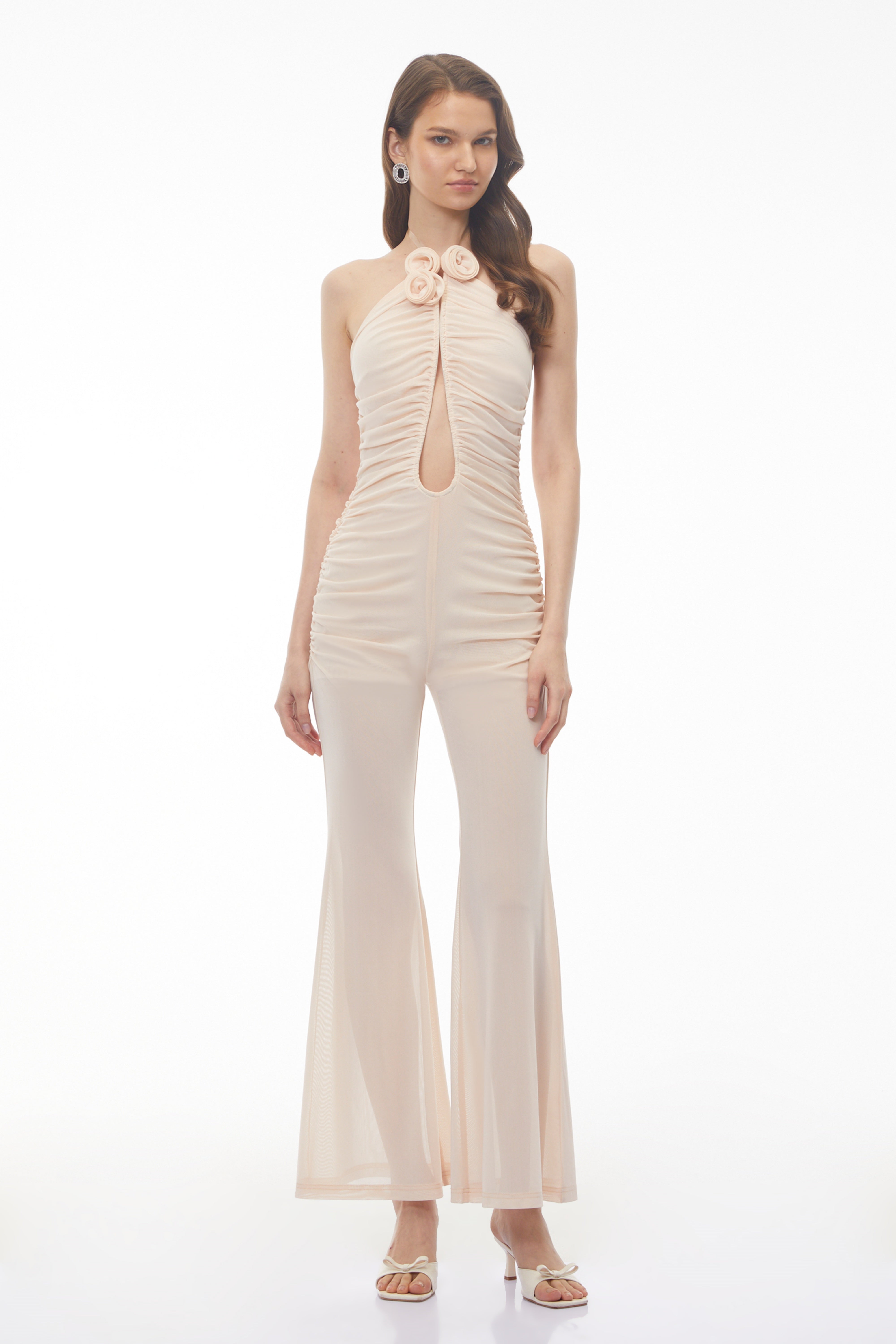 Fiona Nude Ruched Jumpsuit with 3D Petals