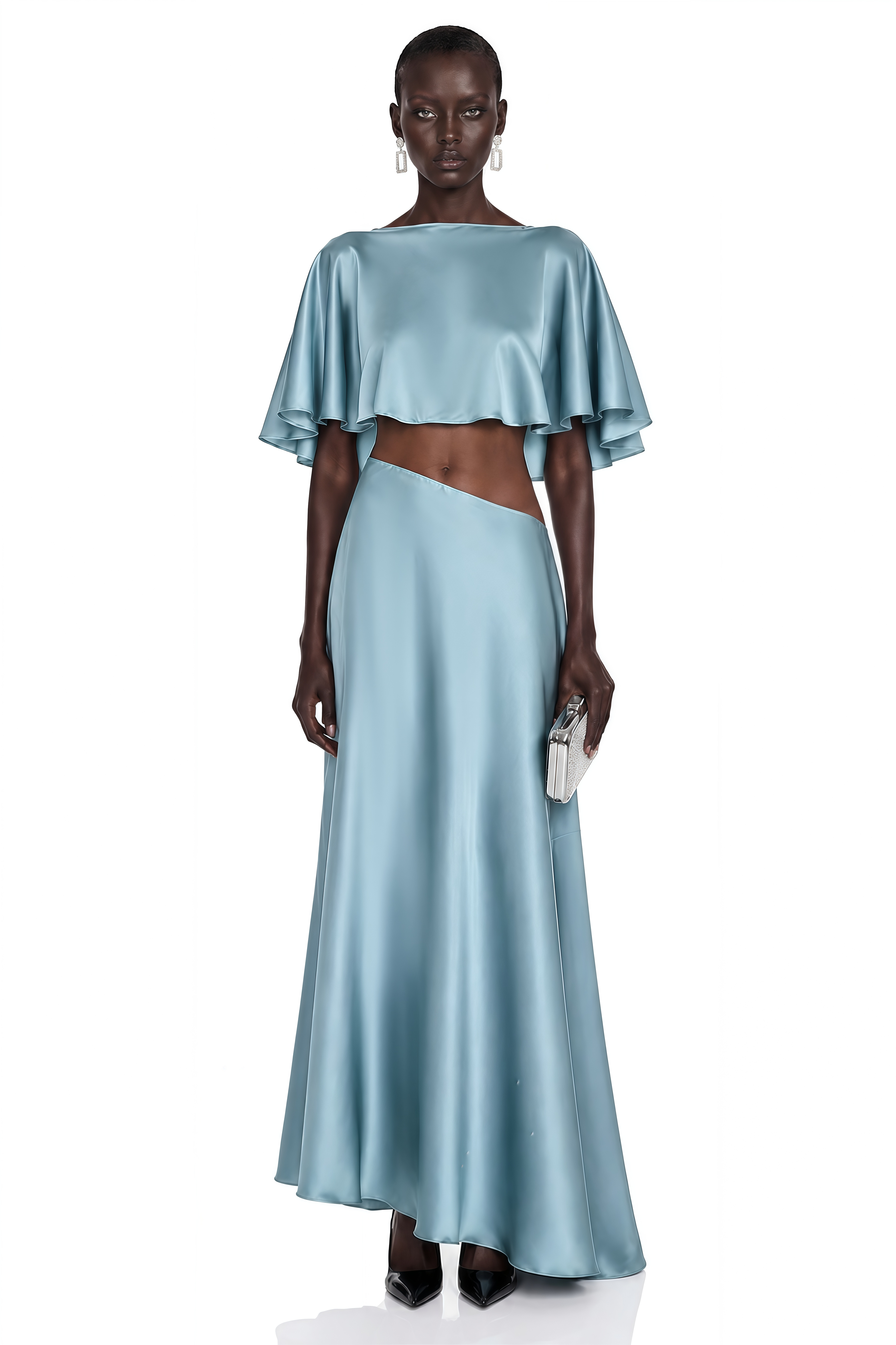 Fiona Steel Blue Satin Cape & Asymmetrical Skirt Set