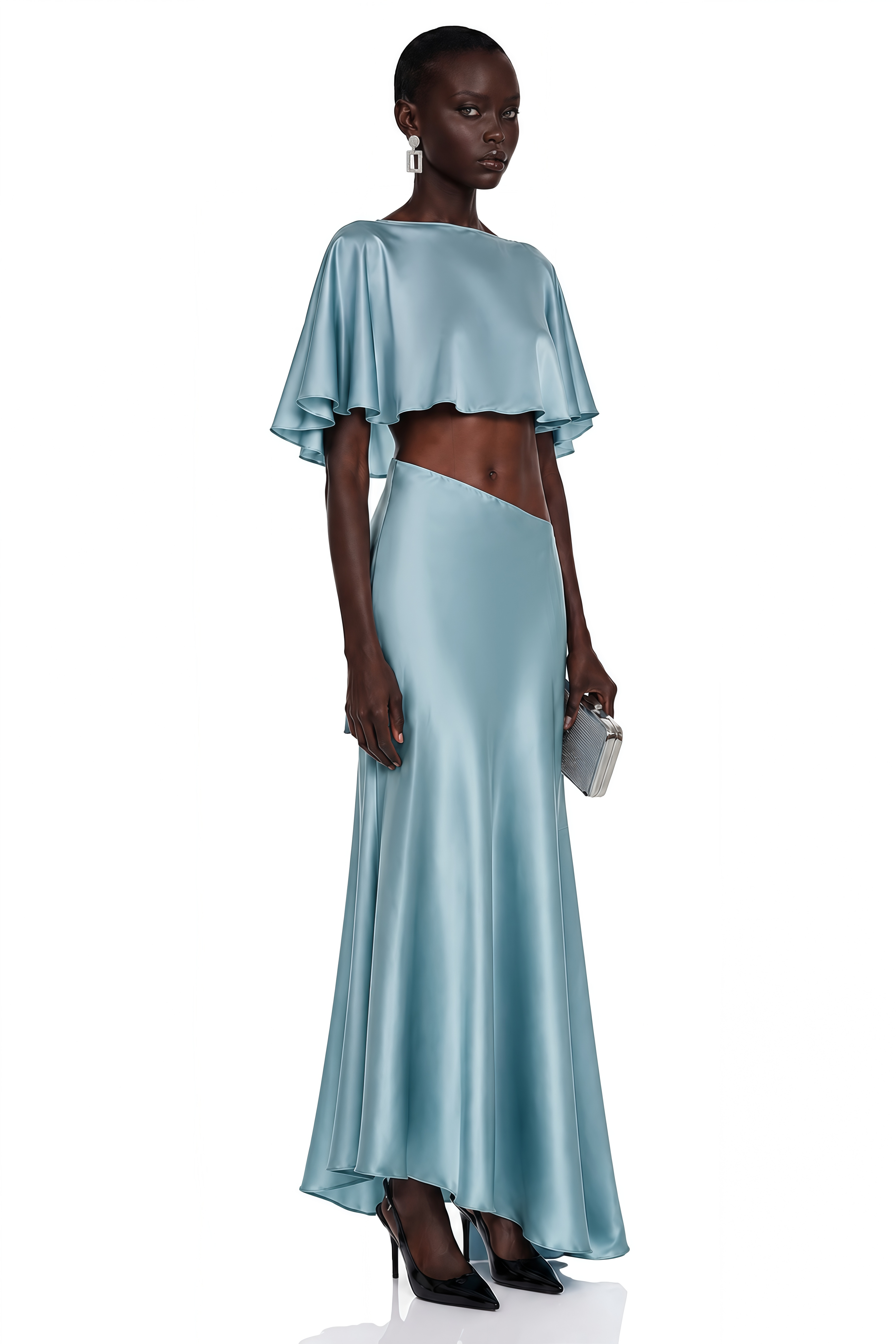 Fiona Steel Blue Satin Cape & Asymmetrical Skirt Set