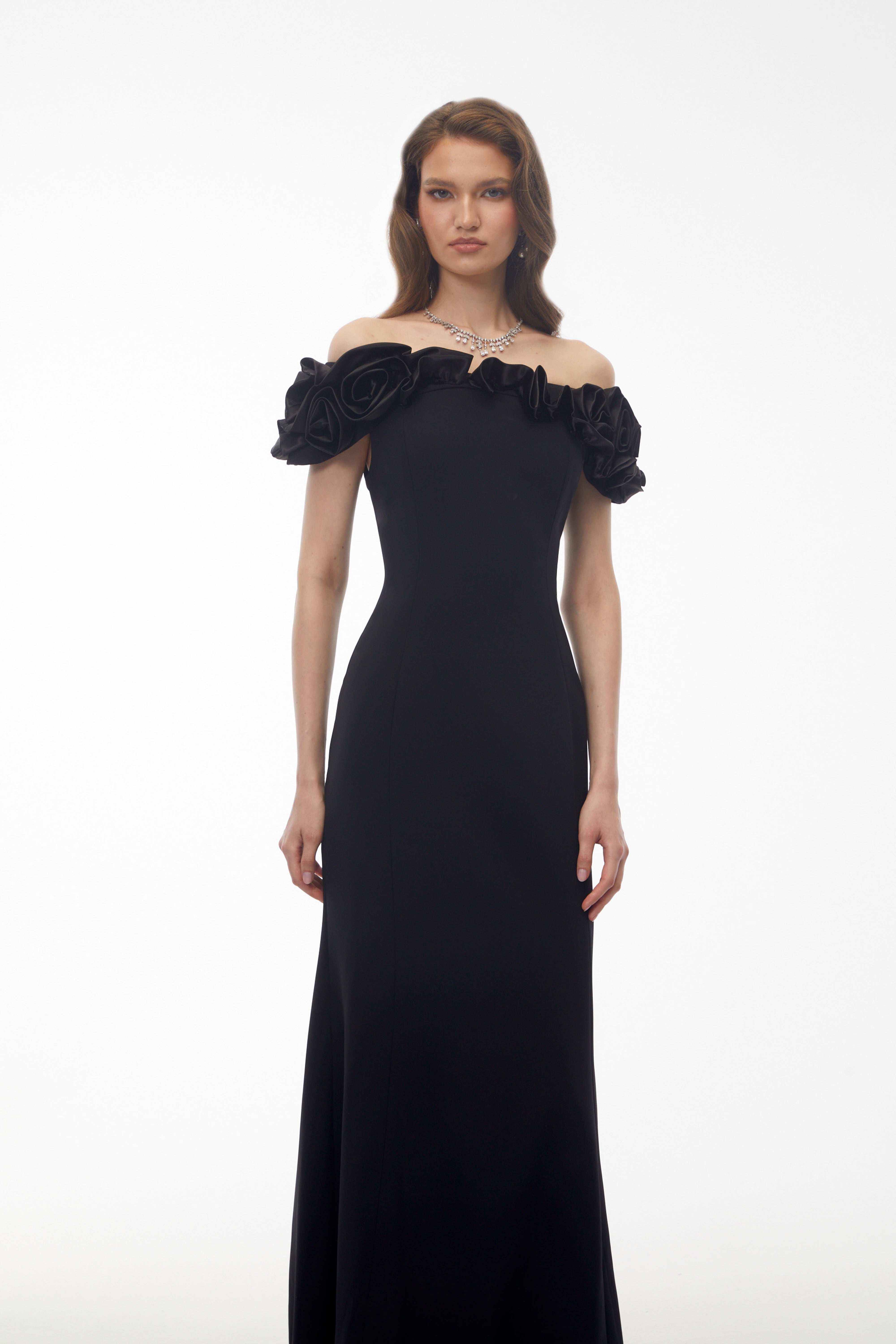 Fiorella Black Off Shoulder Maxi Dress with 3D Florals