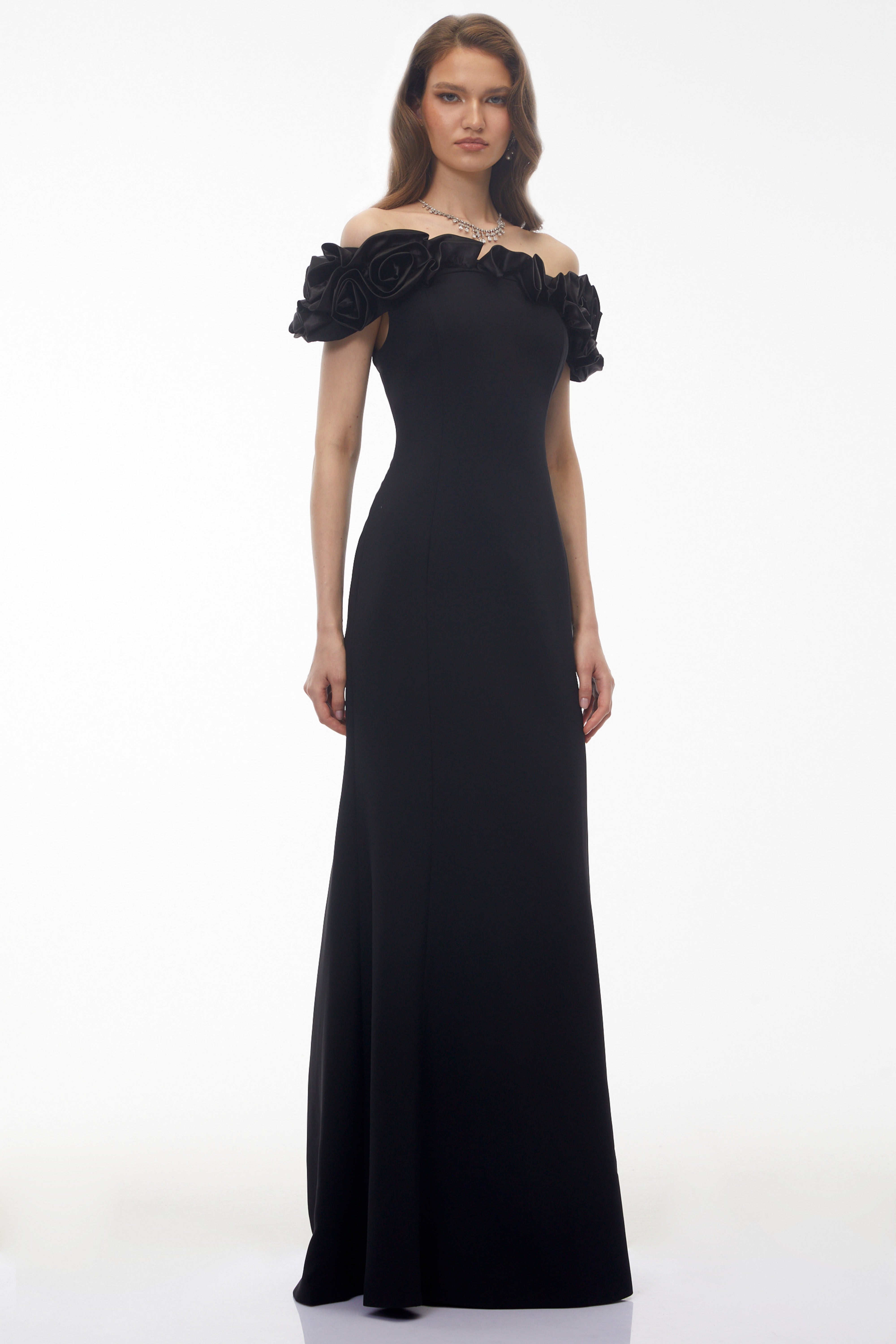 Fiorella Black Off Shoulder Maxi Dress with 3D Florals