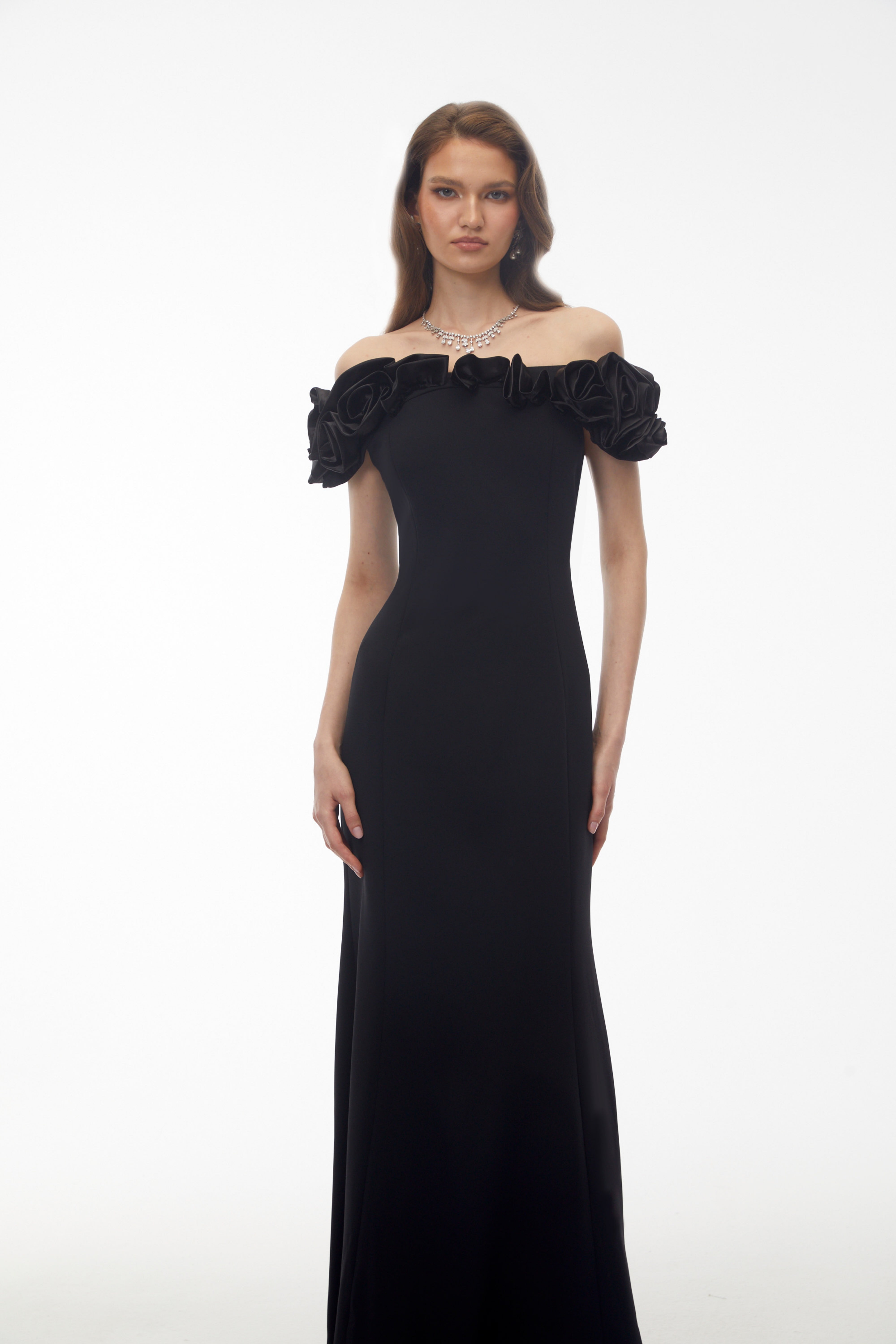 Fiorella Black Off Shoulder Maxi Dress with 3D Florals