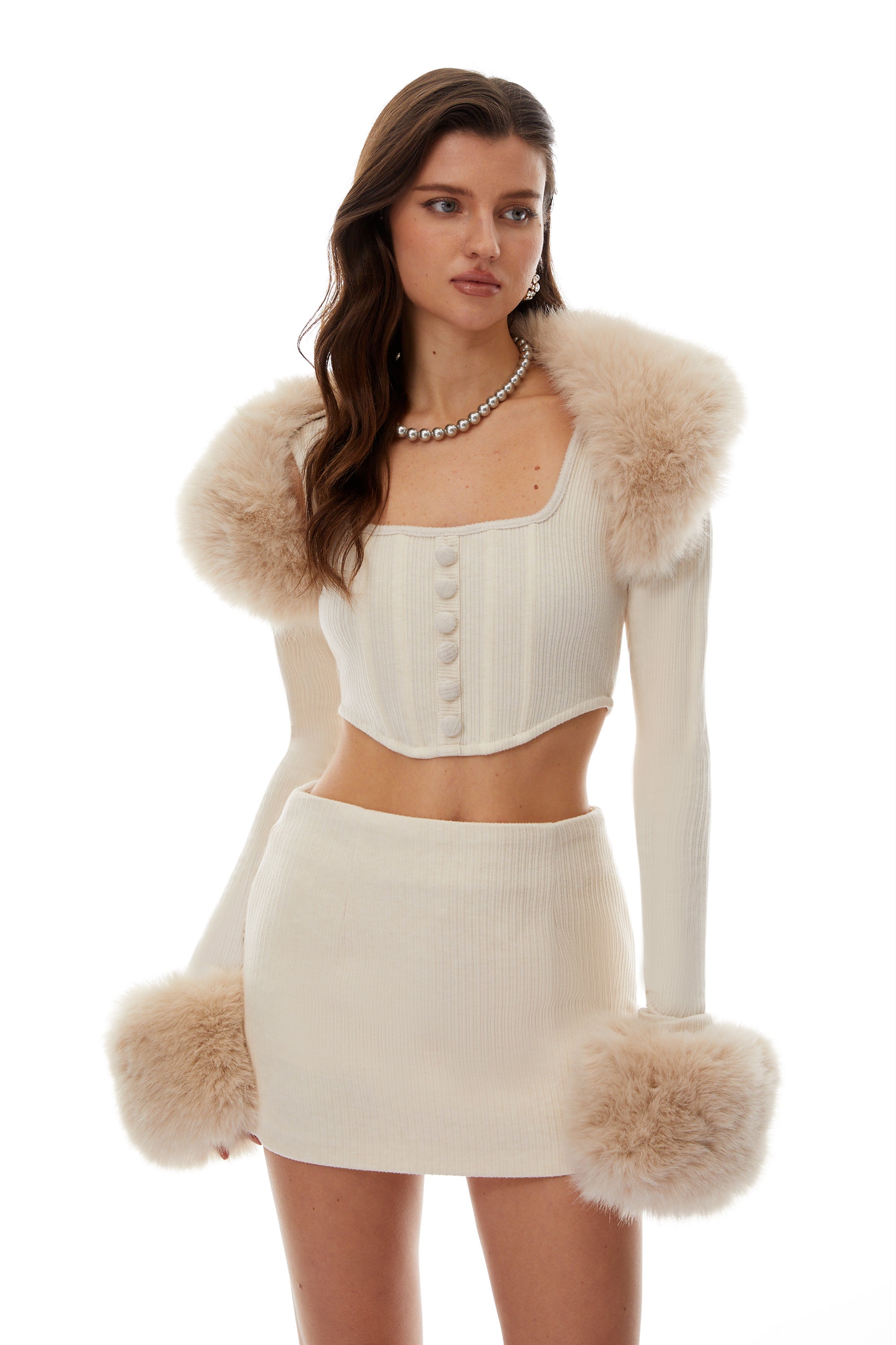 Faux Fur Trim Knit Bolero & Skirt