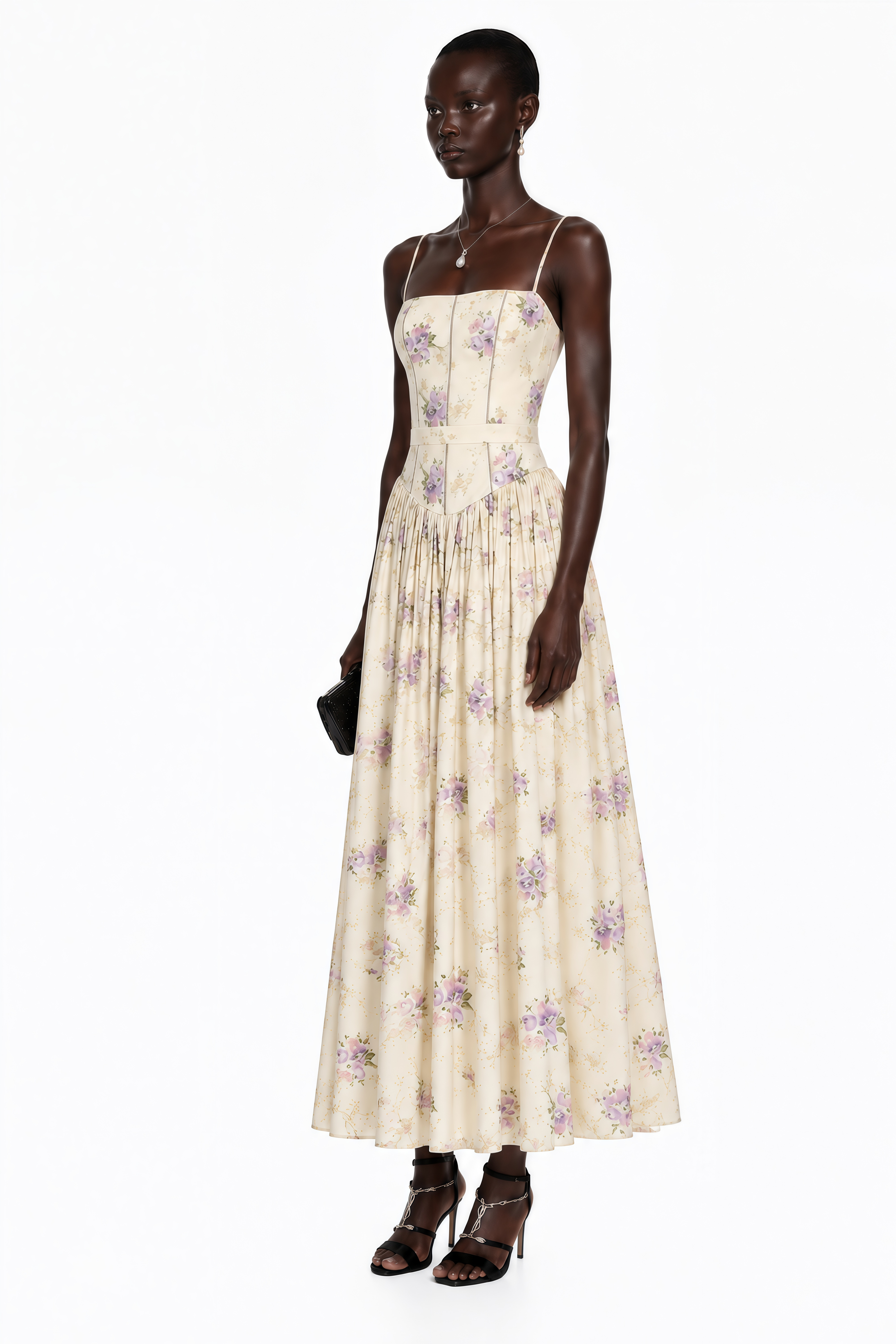 Floral midi dress with spaghetti straps, a structured corset bodice, and a gathered A-line skirt