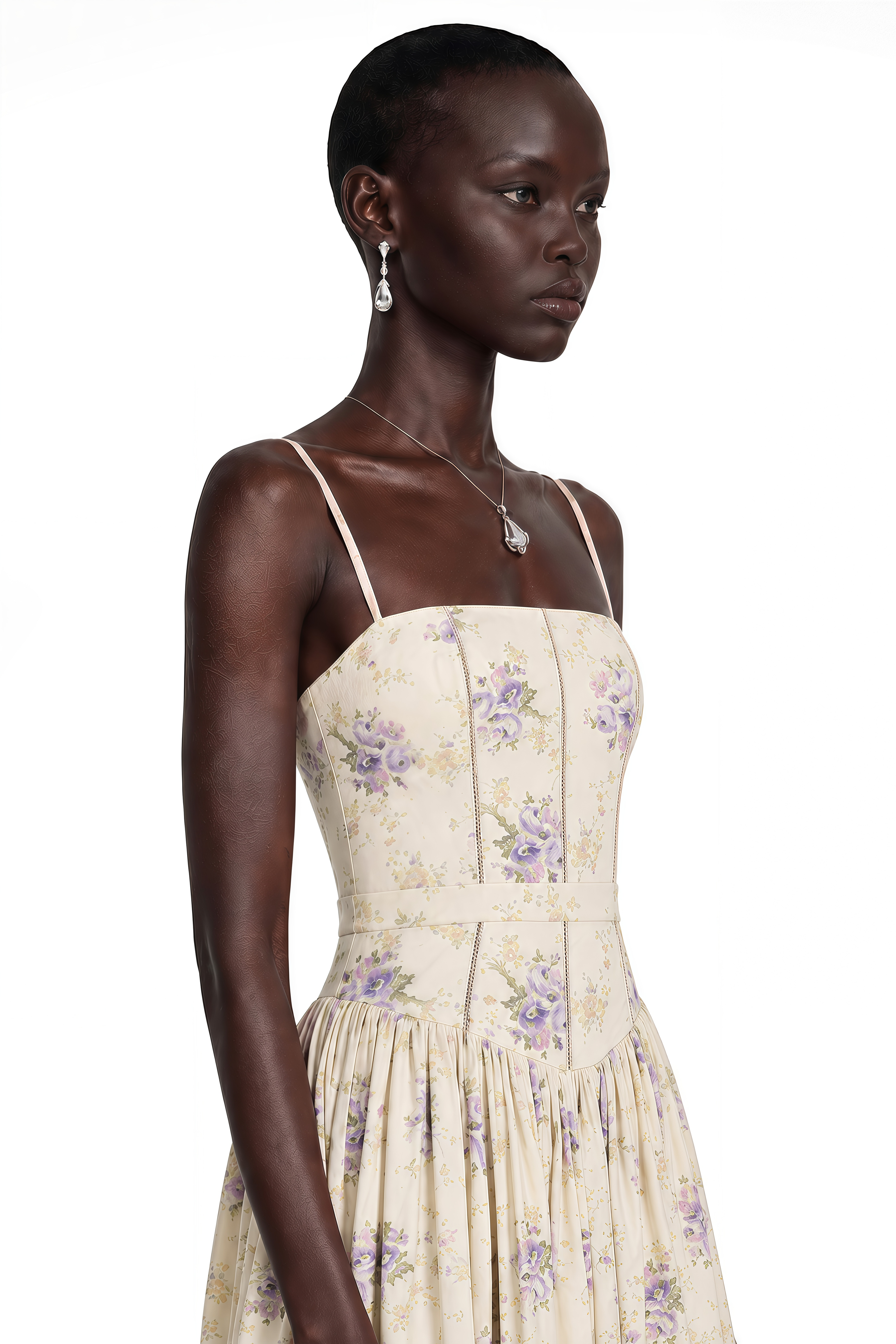Floral midi dress with spaghetti straps, a structured corset bodice, and a gathered A-line skirt