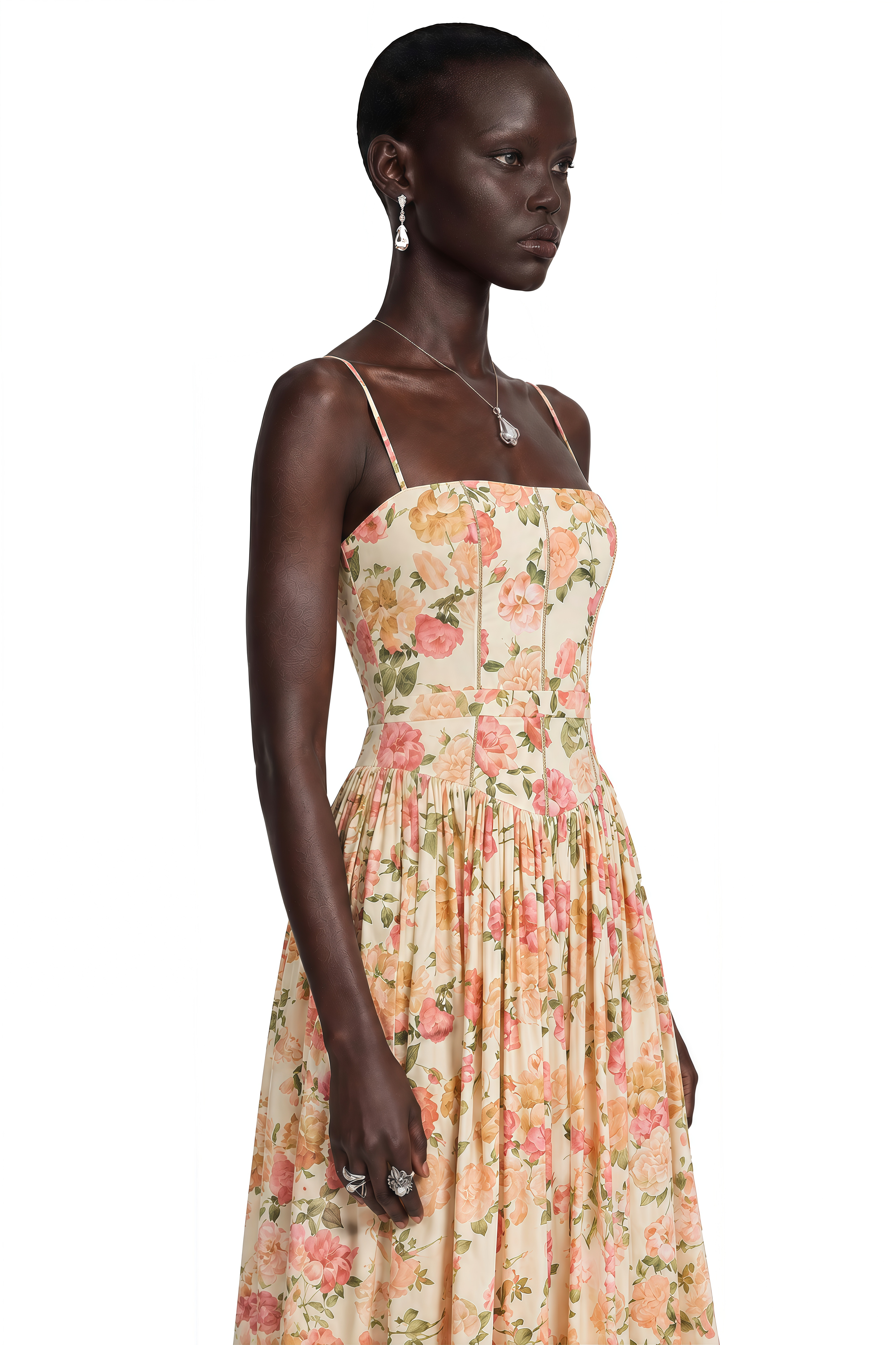 Floral midi dress with spaghetti straps, a structured corset bodice, and a gathered A-line skirt