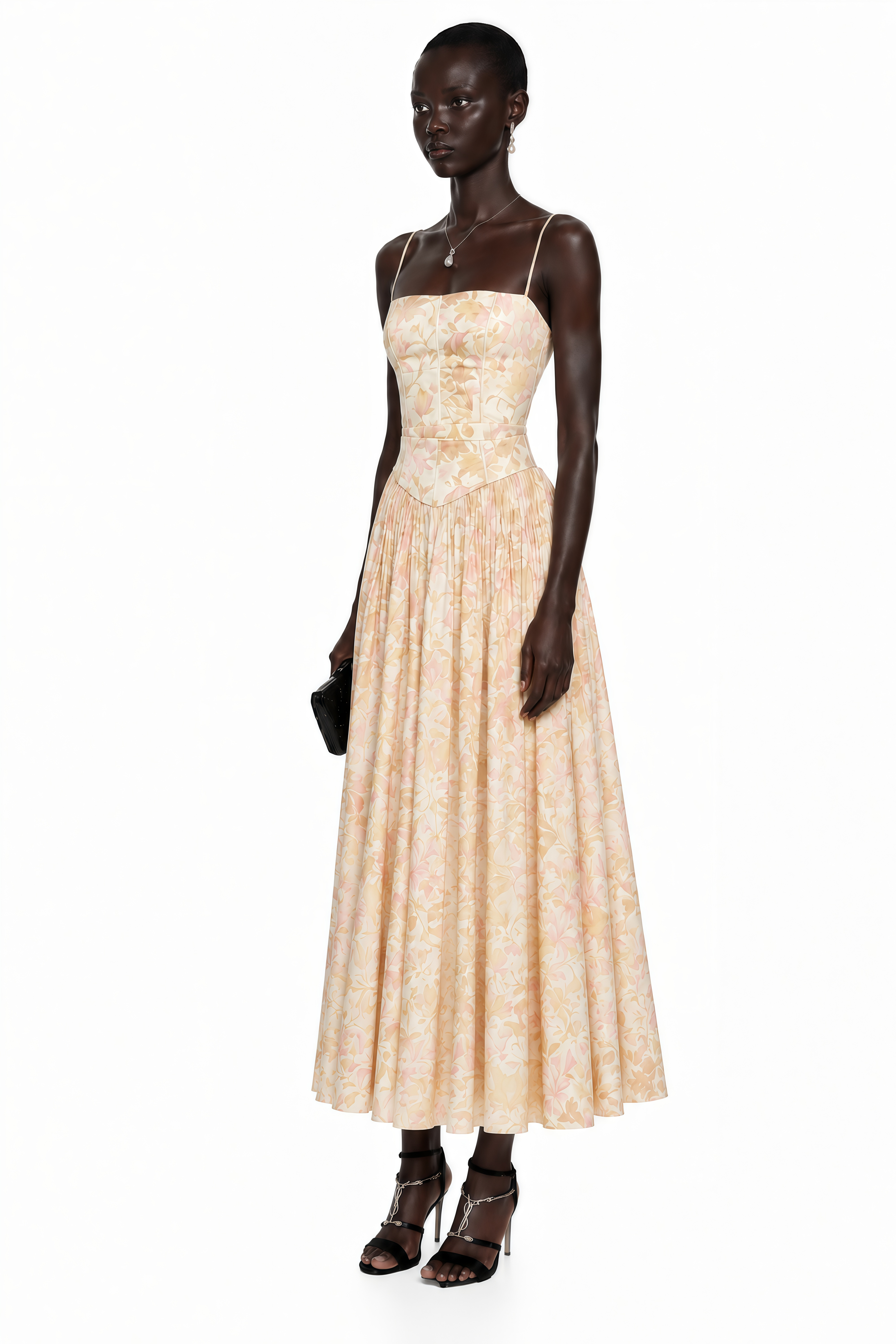 Floral midi dress with spaghetti straps, a structured corset bodice, and a gathered A-line skirt