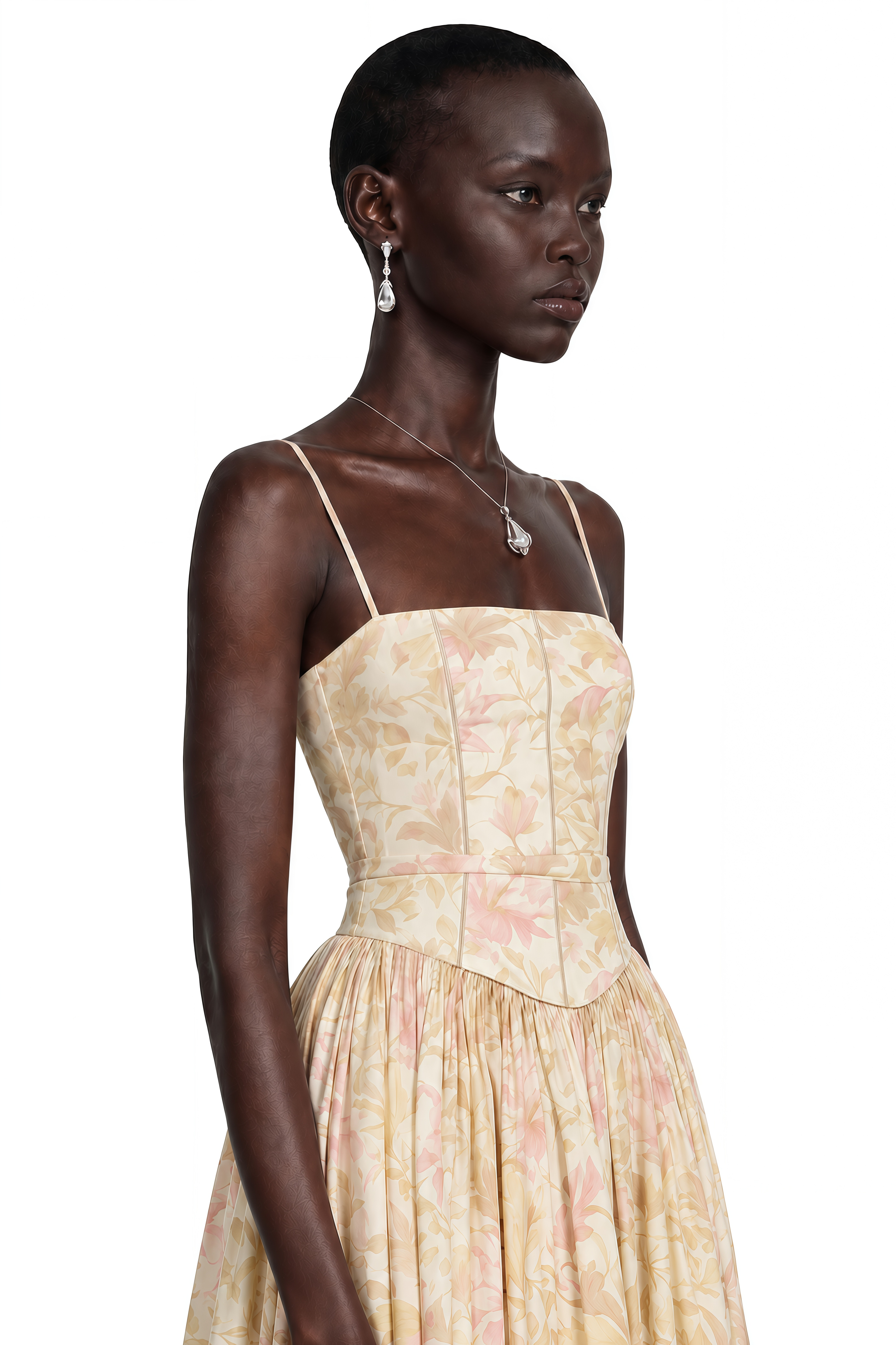 Floral midi dress with spaghetti straps, a structured corset bodice, and a gathered A-line skirt