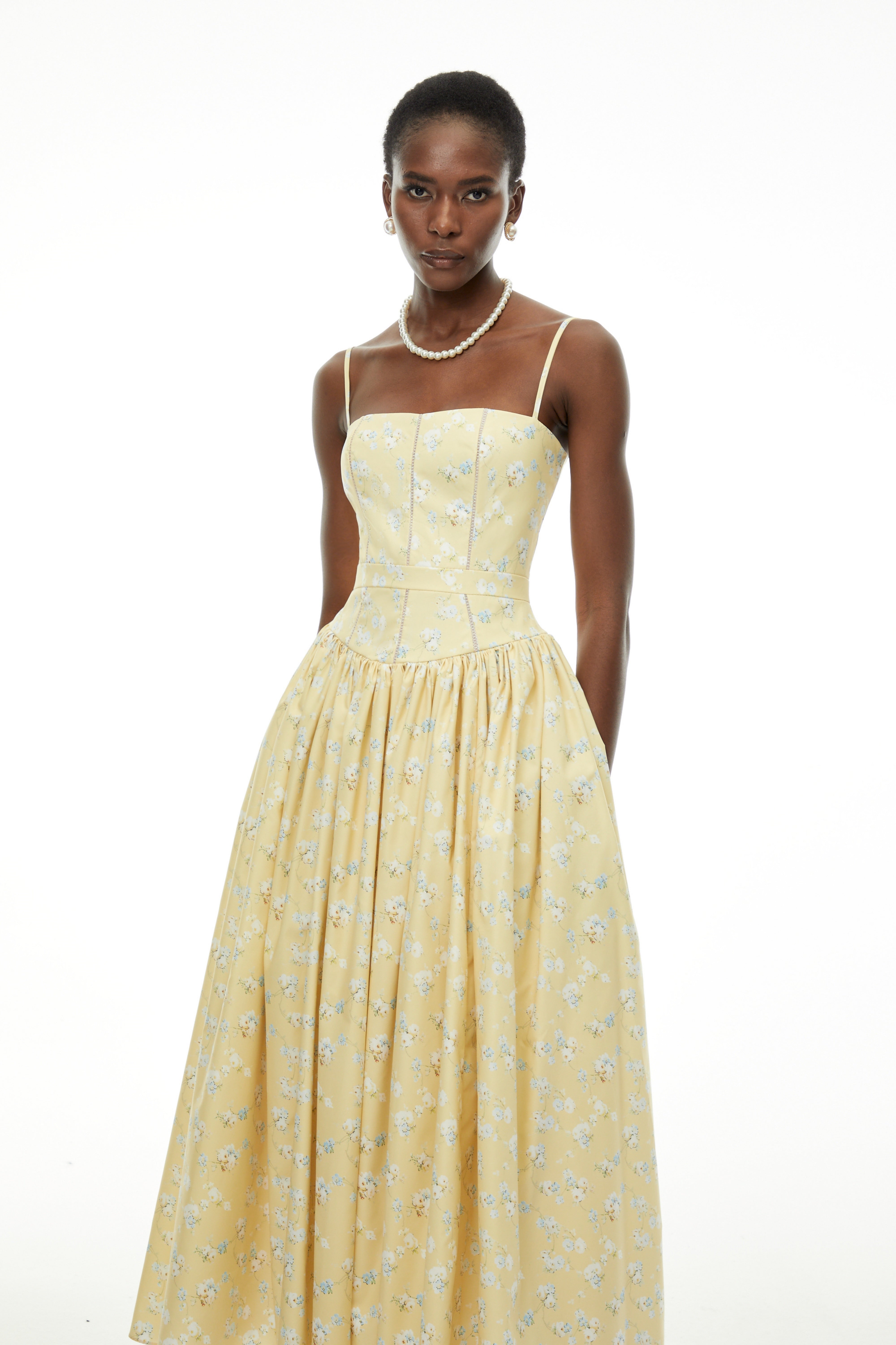 Fleur Yellow Floral Print Midi Dress