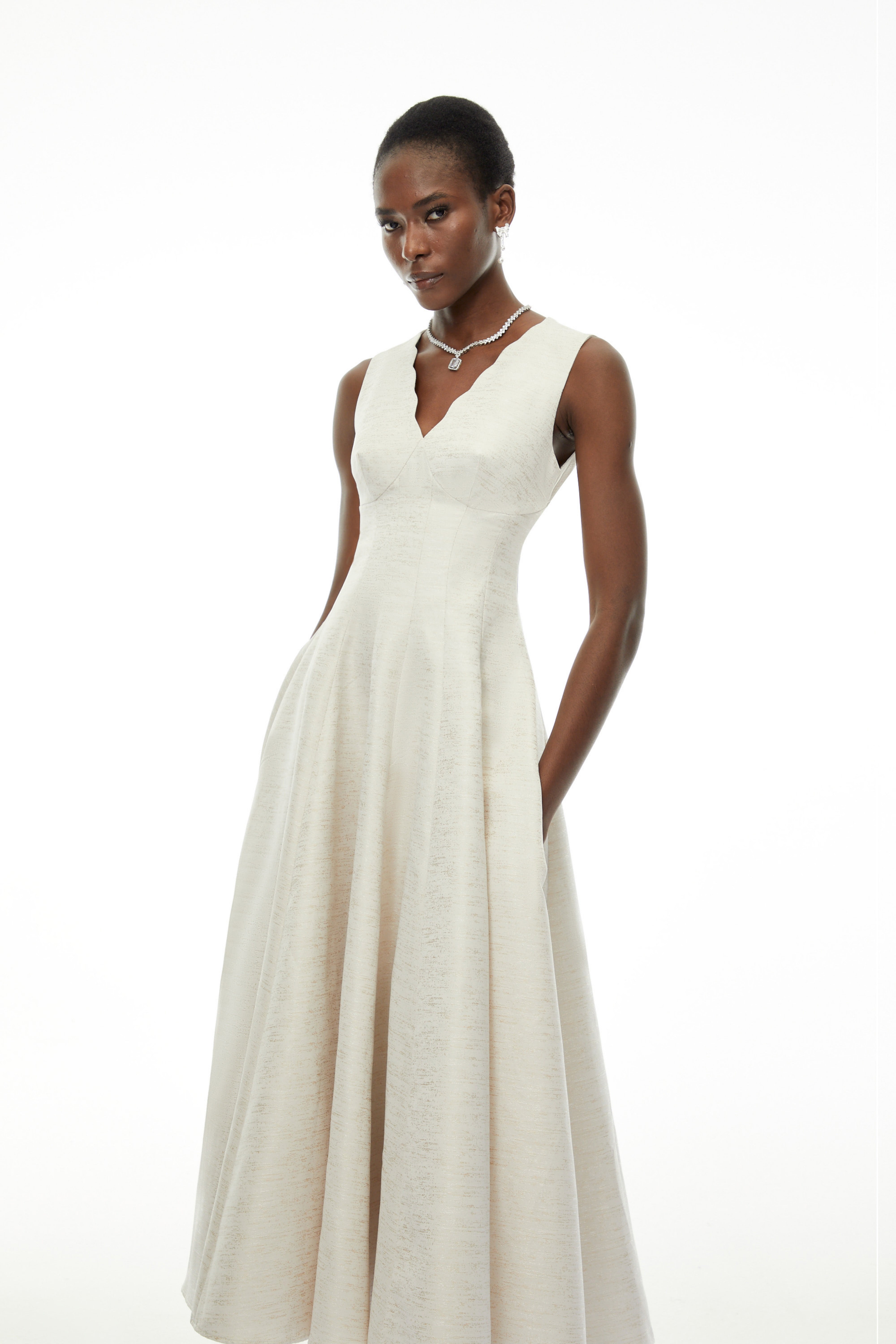 Florence Cream V-Neck Flared Satin Maxi Dress