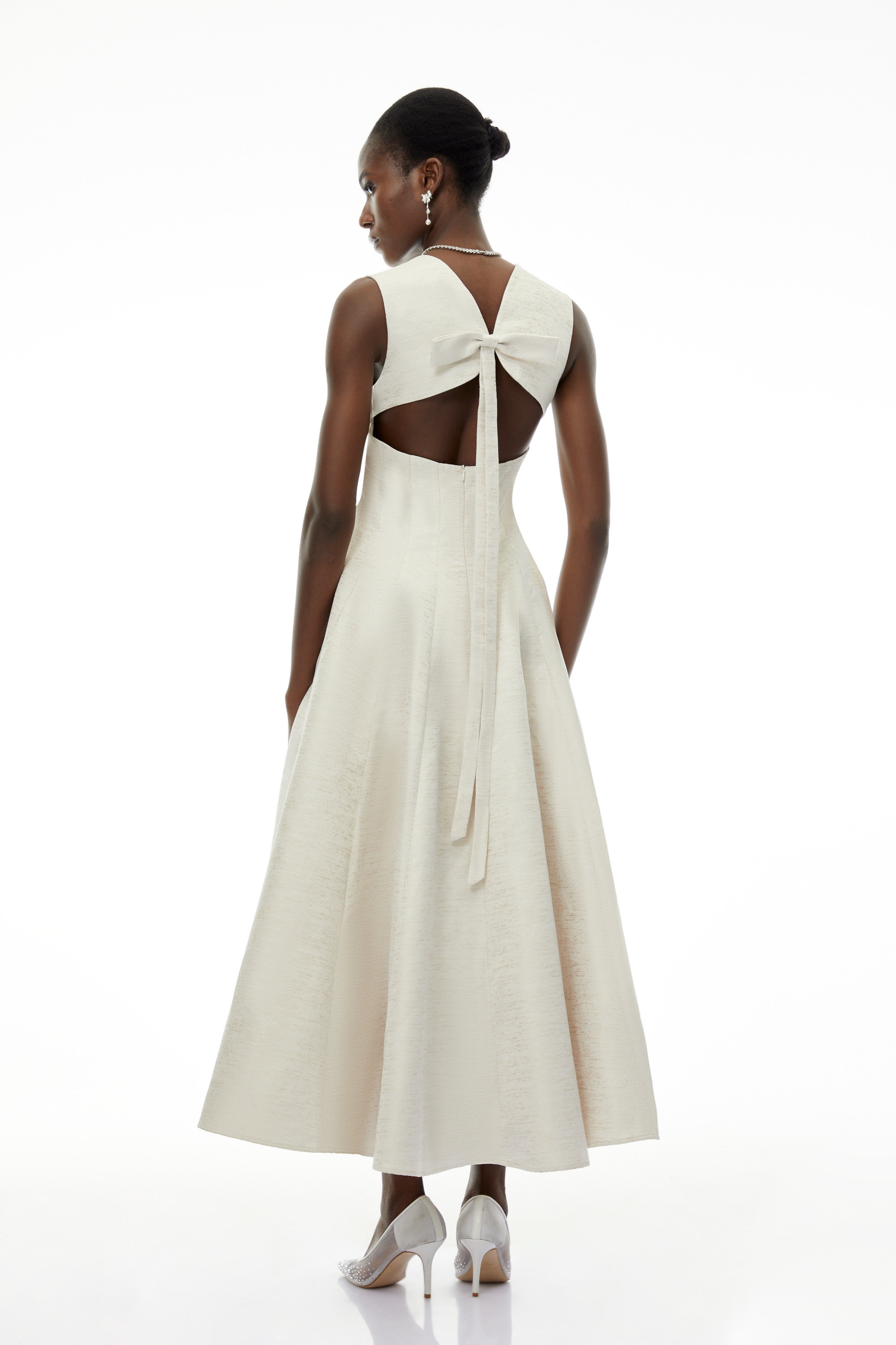 Florence Cream V-Neck Flared Satin Maxi Dress