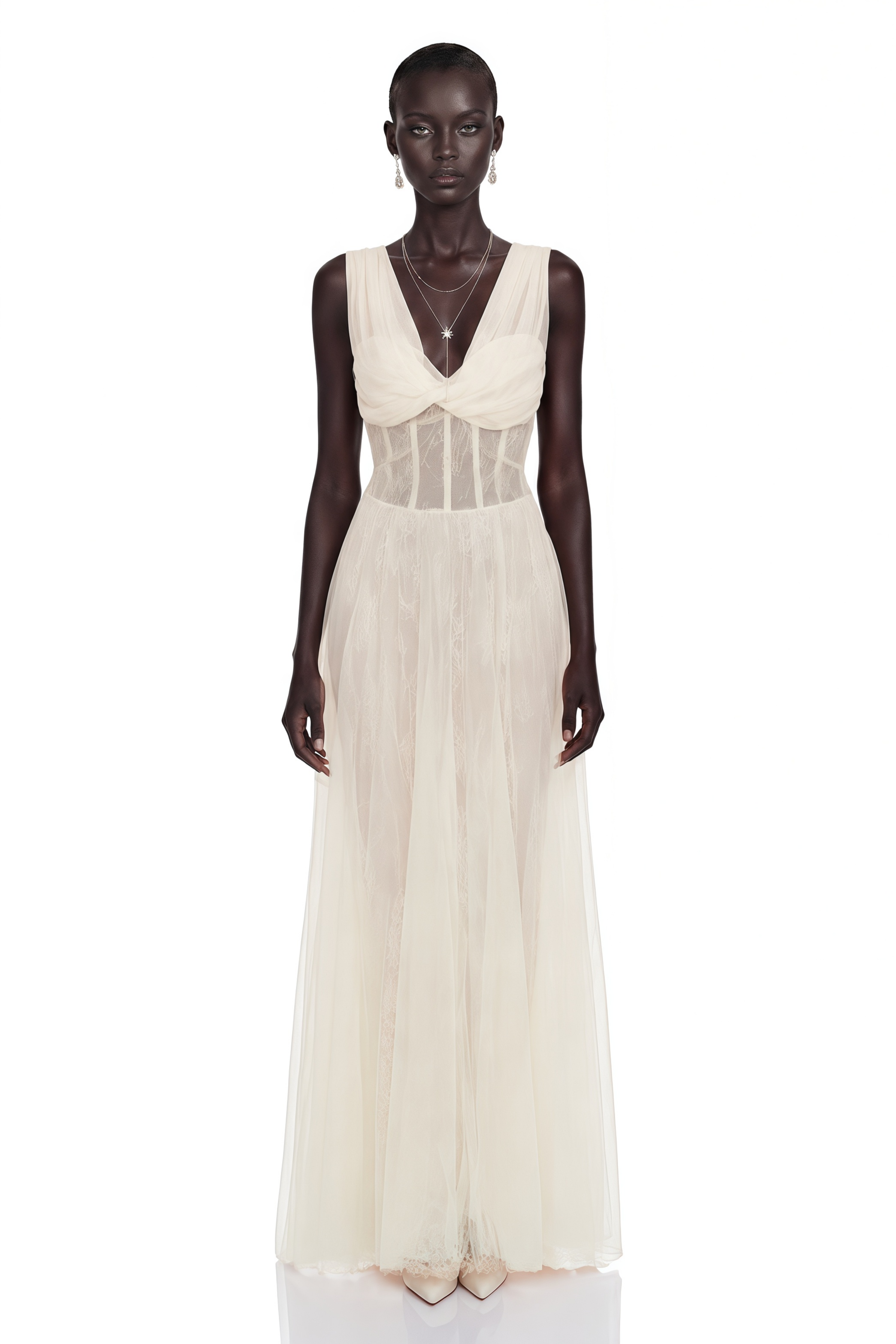 Florence White Corset Lace Maxi Dress with Ruffled Straps