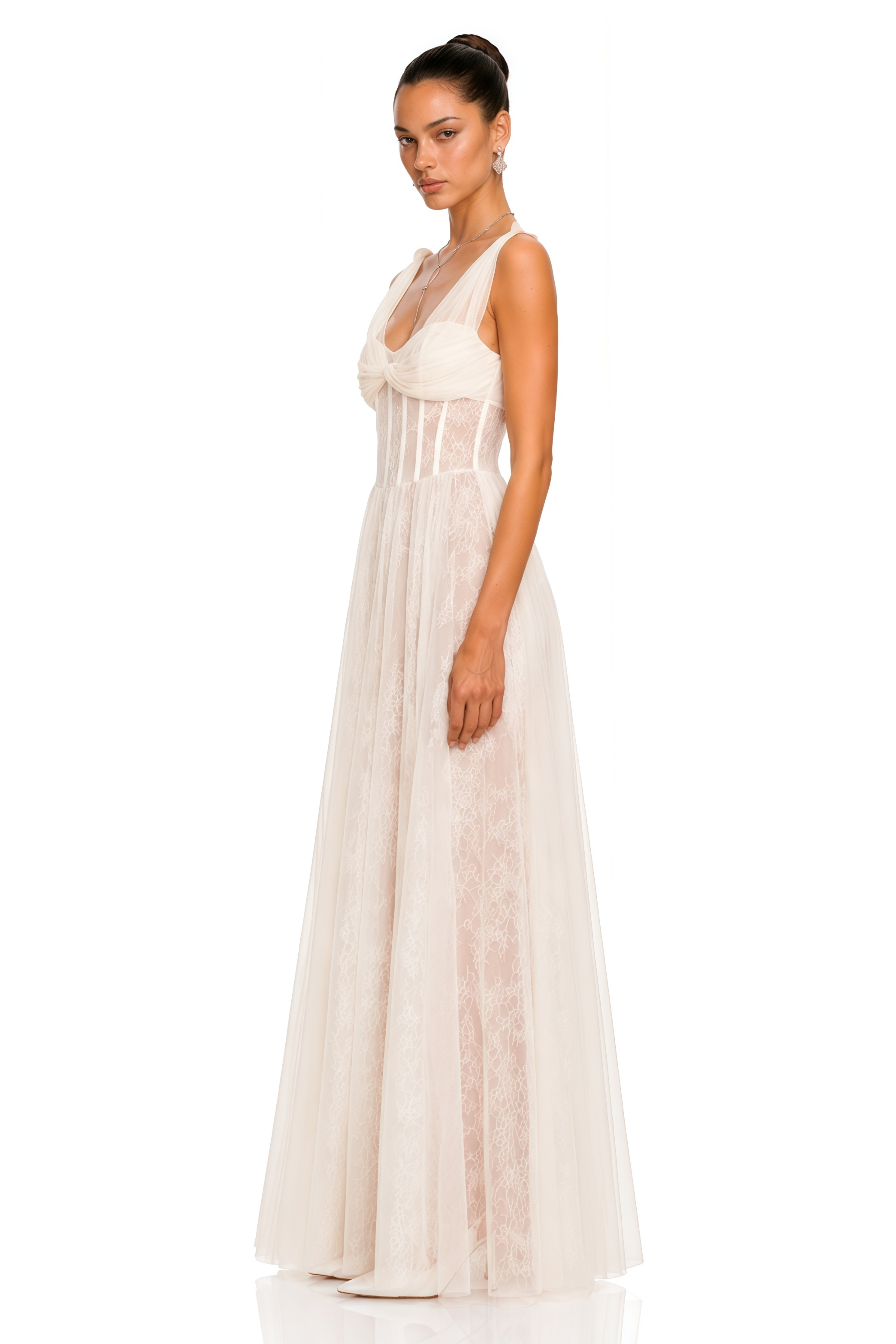 Florence White Corset Lace Maxi Dress with Ruffled Straps