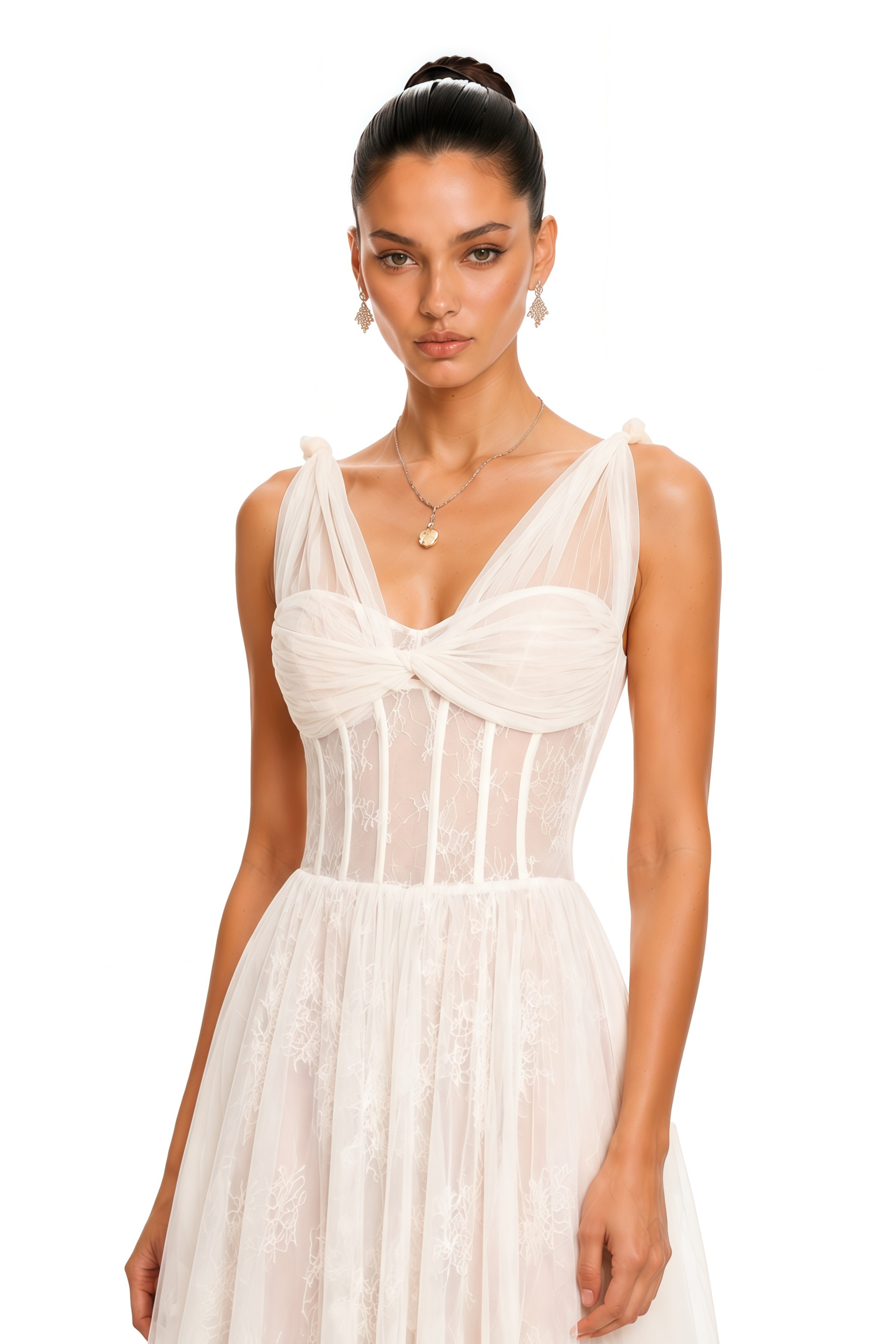 Florence White Corset Lace Maxi Dress with Ruffled Straps