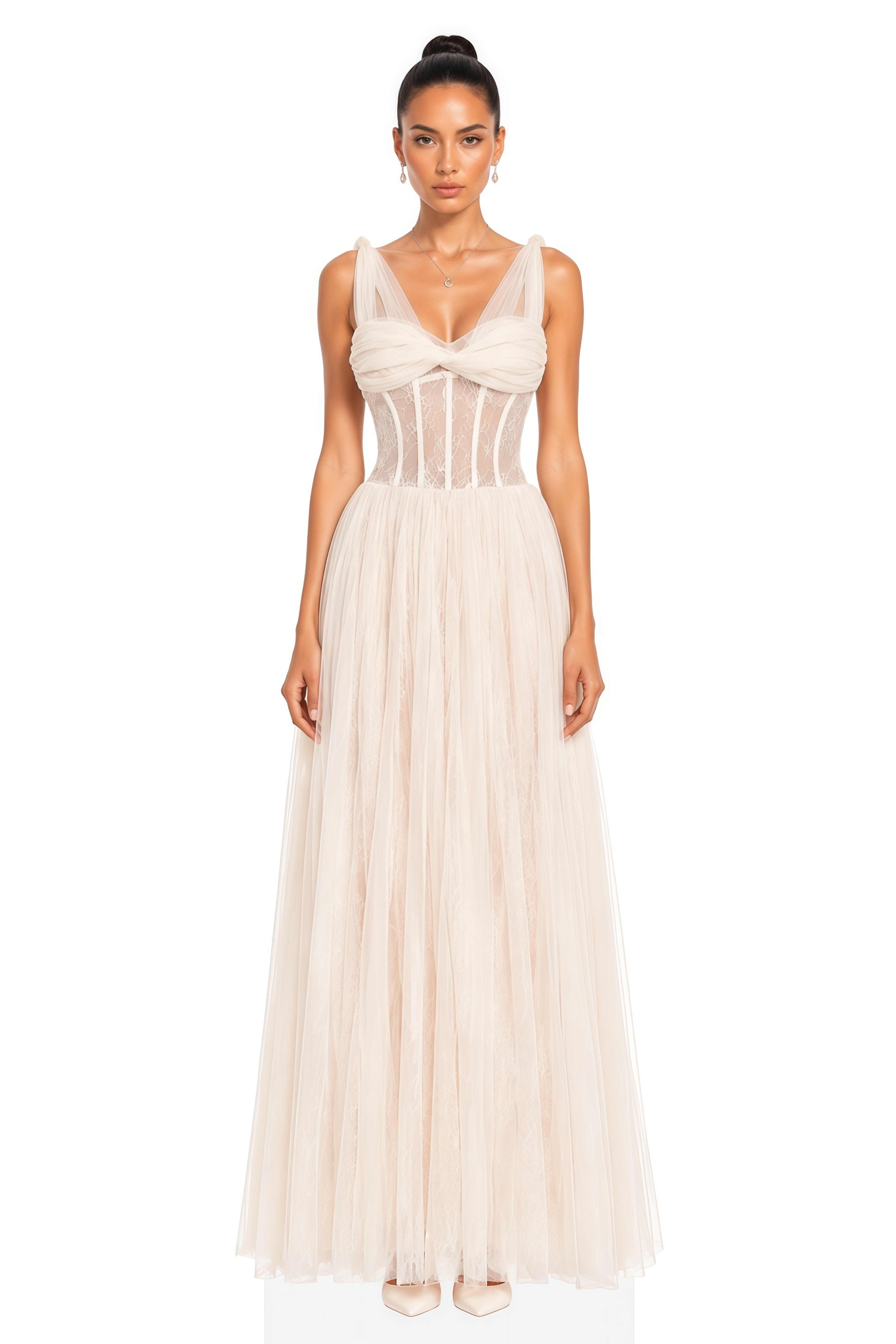 Florence White Corset Lace Maxi Dress with Ruffled Straps