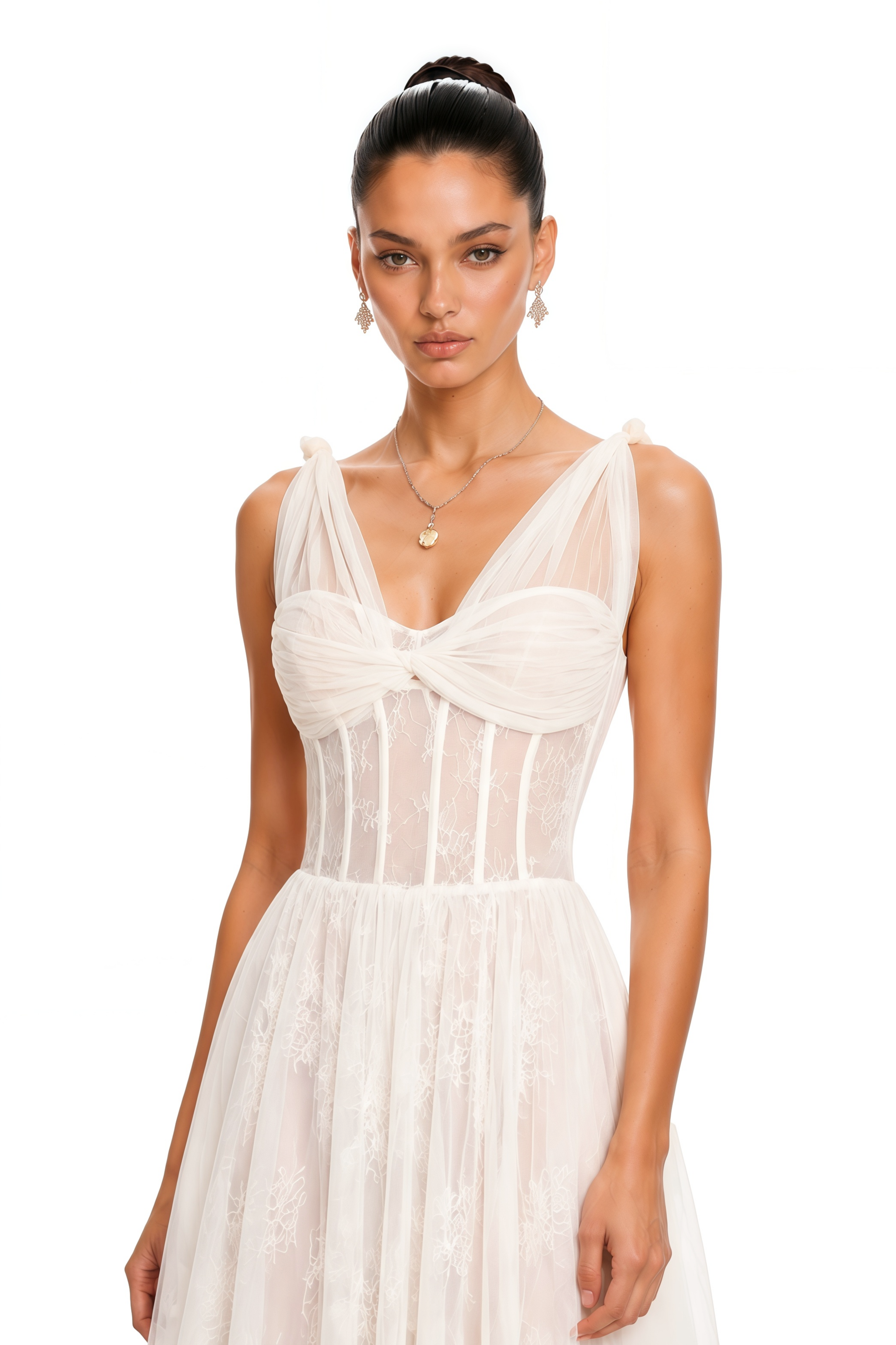 Florence White Corset Lace Maxi Dress with Ruffled Straps