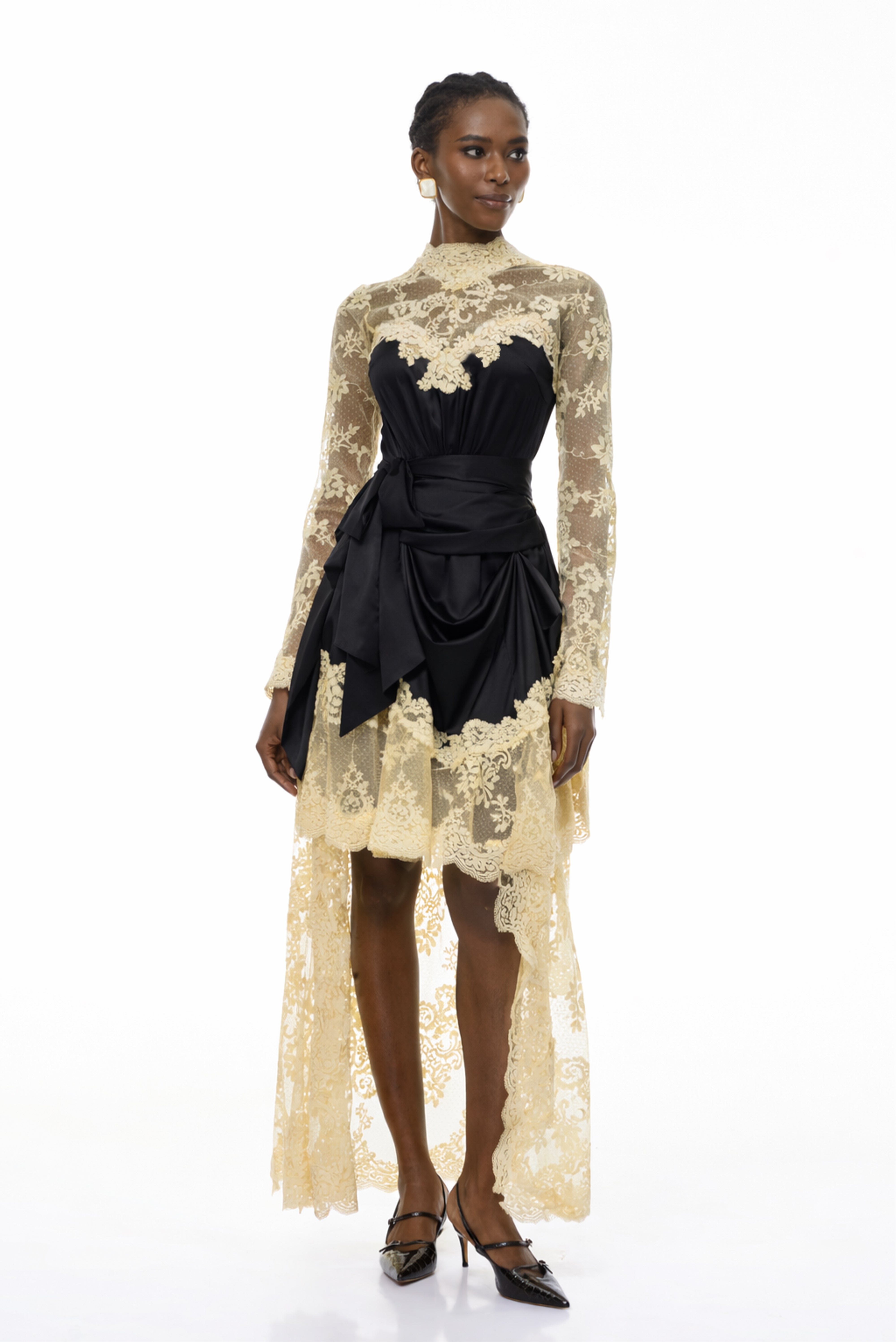 Francesca Black Self-tie Lace Midi Dress