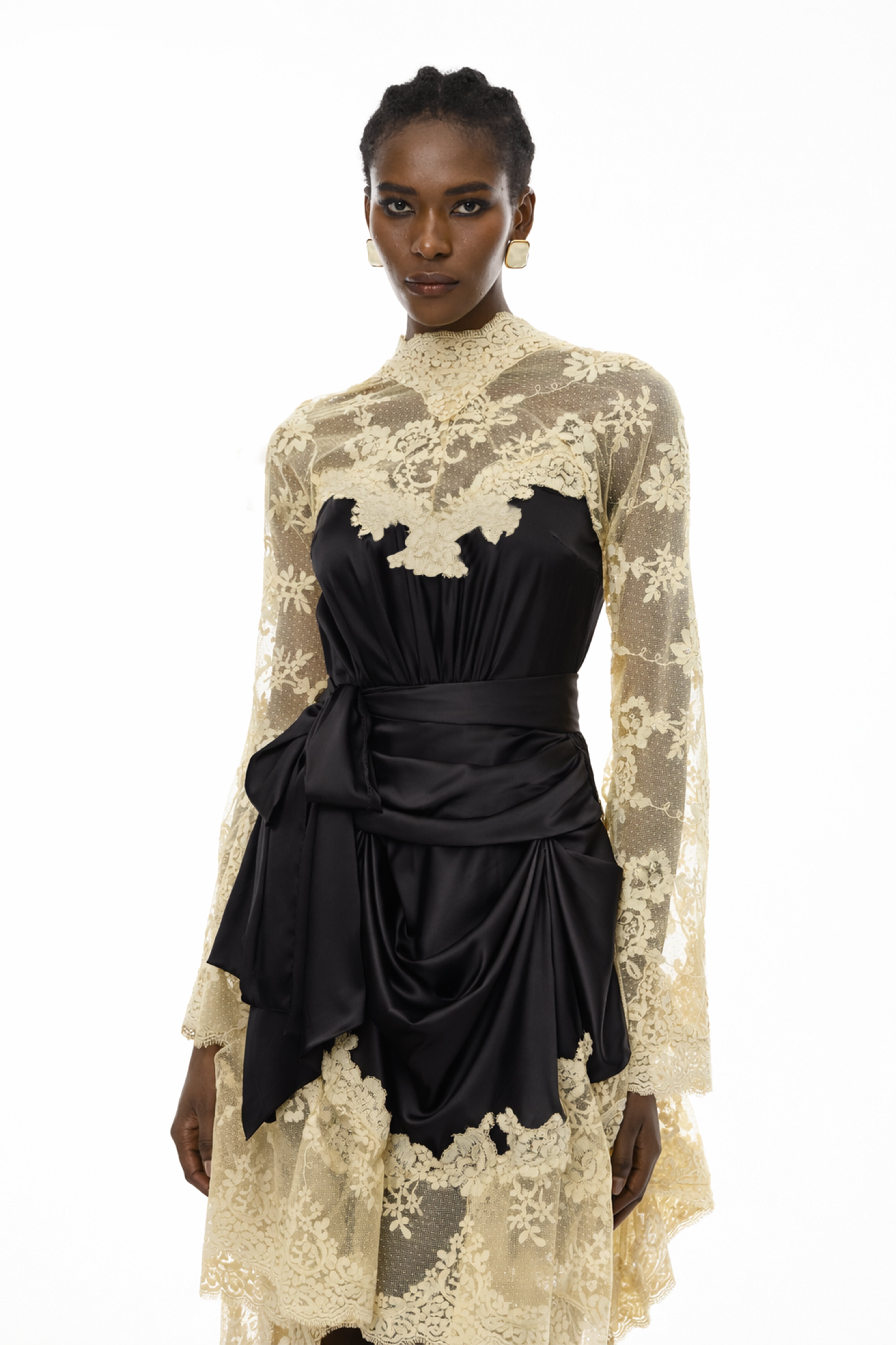 Francesca Black Self-tie Lace Midi Dress