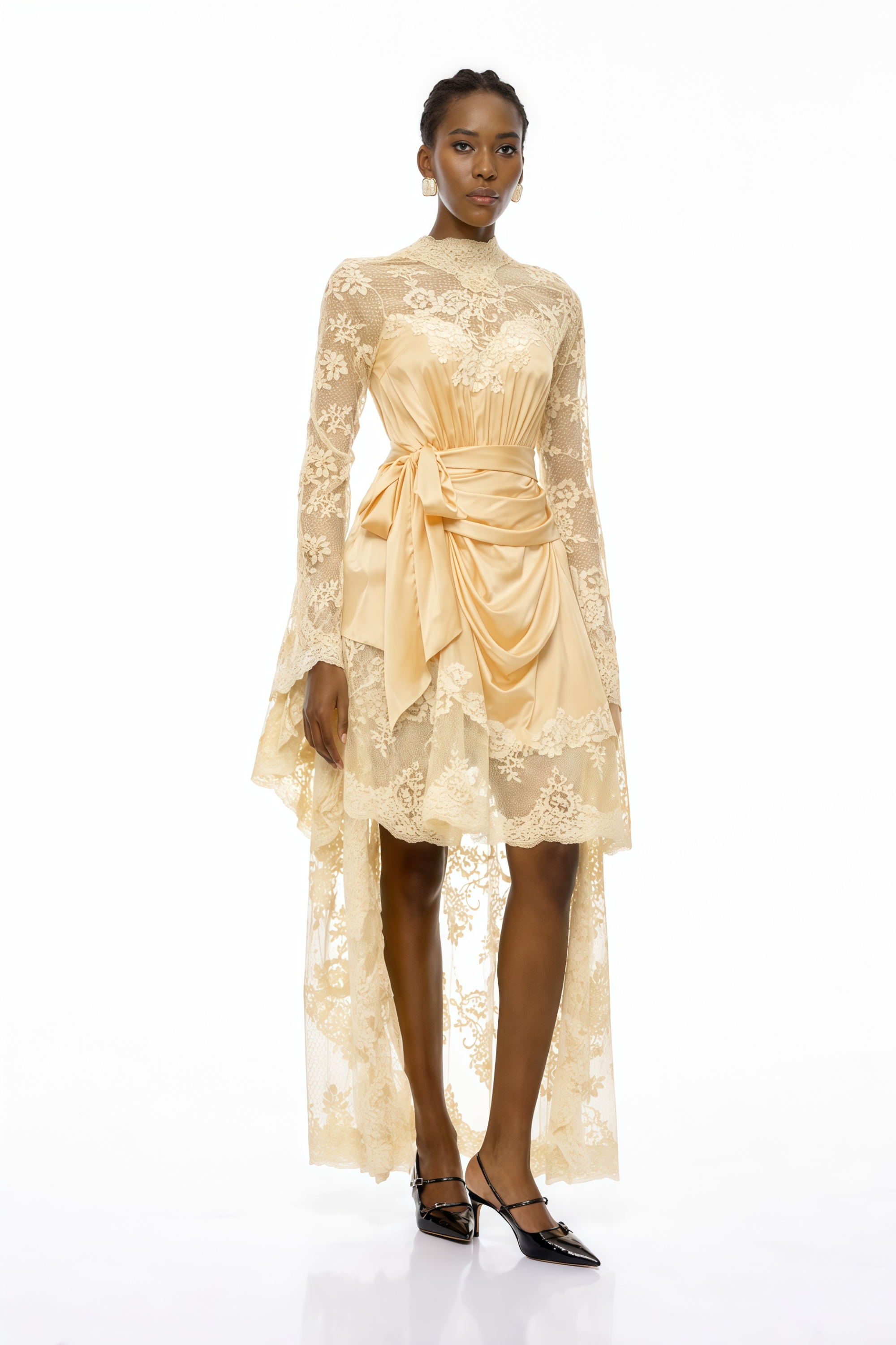 Francesca Neutral Self-tie Lace Midi Dress