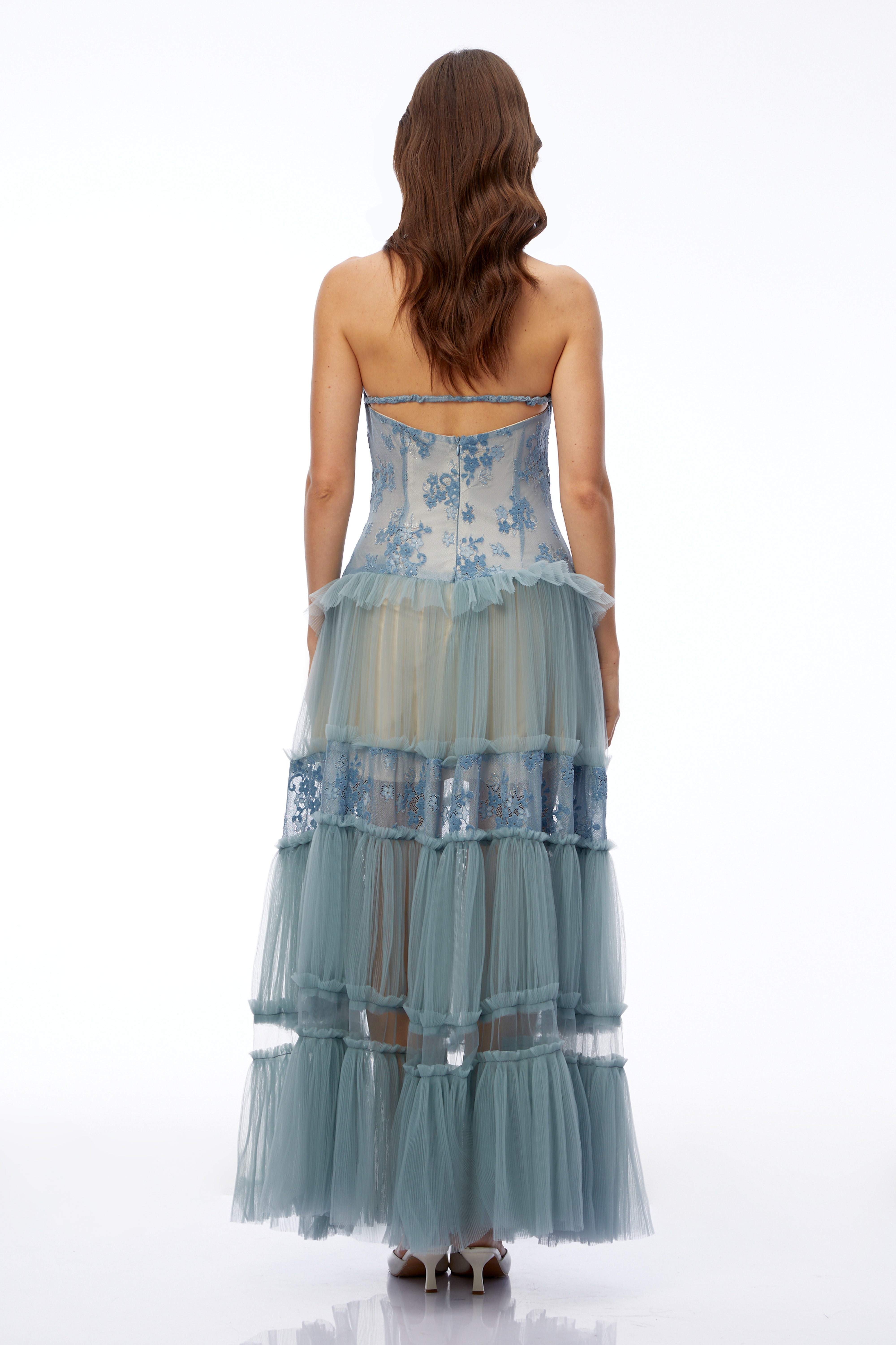 Francine Dusty Blue Floral Lace Tiered Maxi Dress