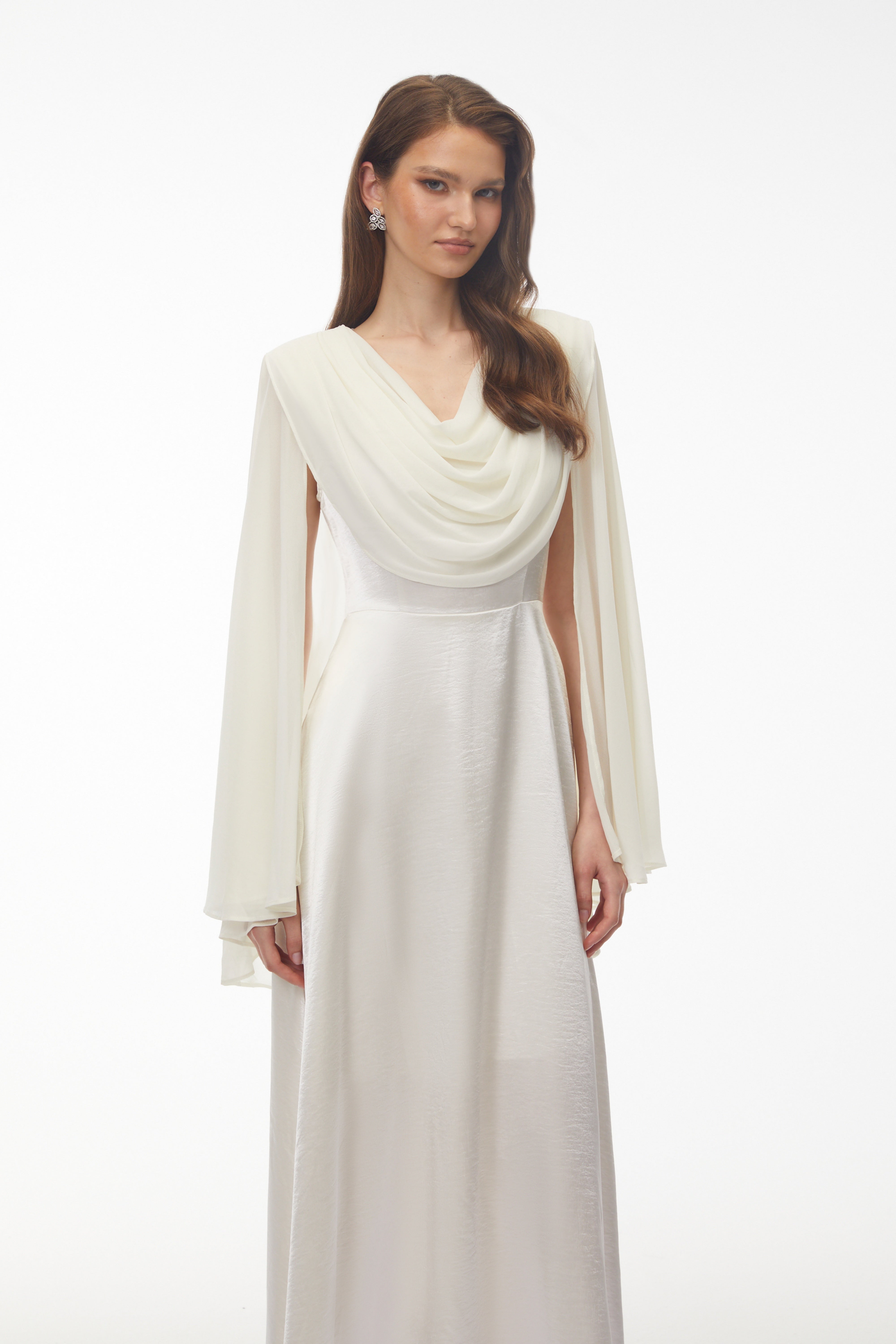 Francine Ivory Draped Neck Maxi Dress with Cape Sleeves