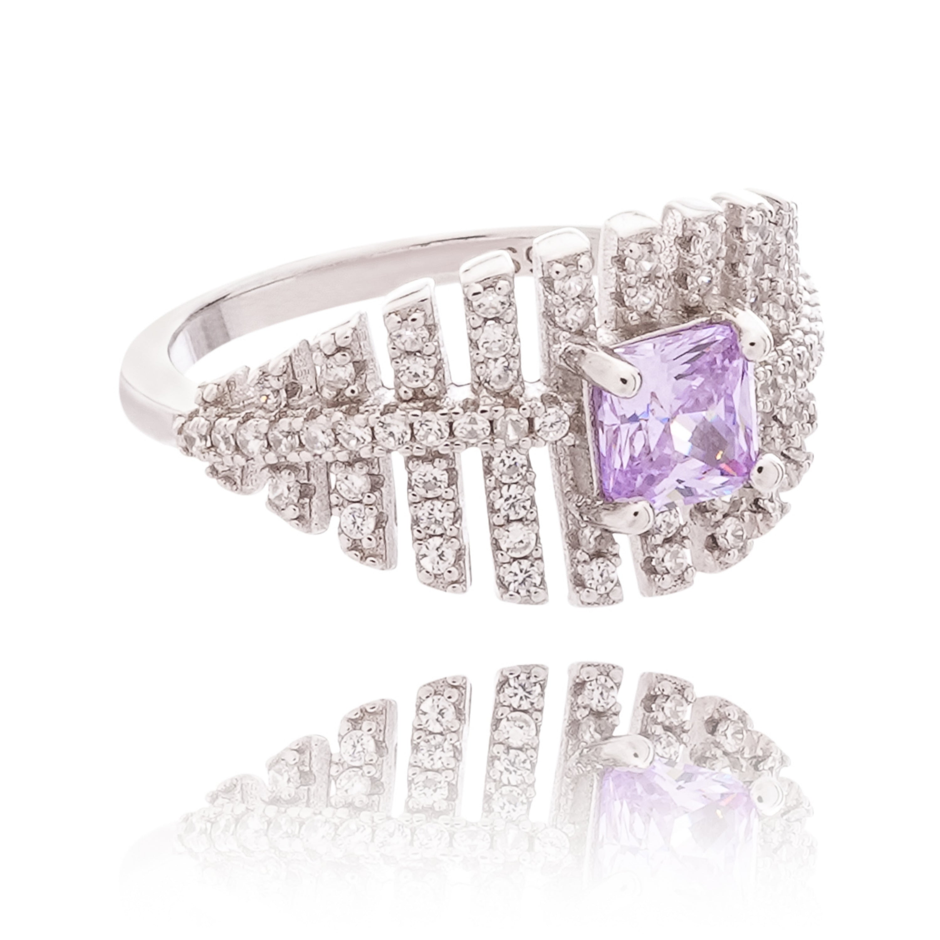 Françoise Lavender Princess Cut Gemstone Fan Crystal Sterling Silver Ring