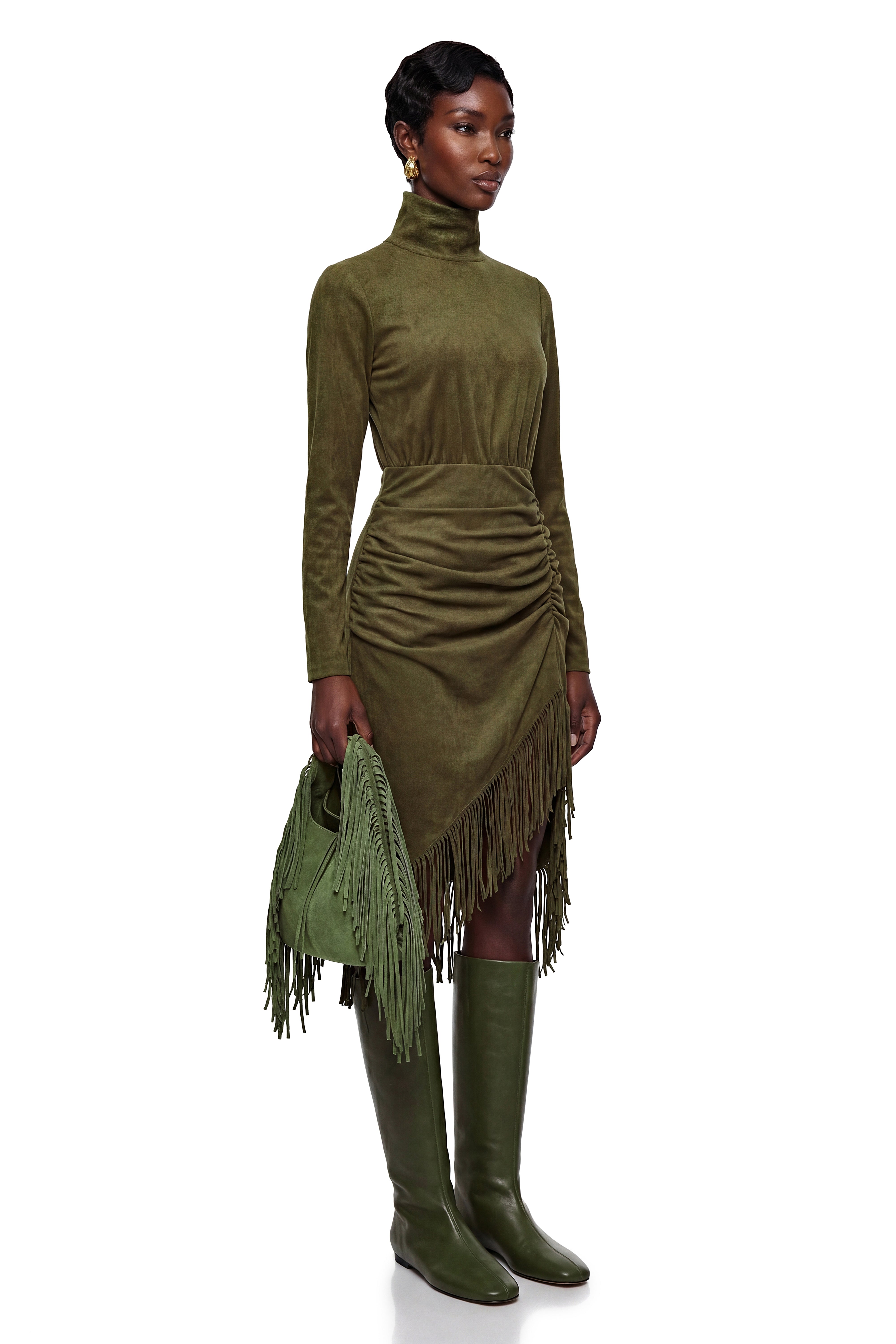 Freya Green Midi-Kleid mit hohem Kragen und Fransen