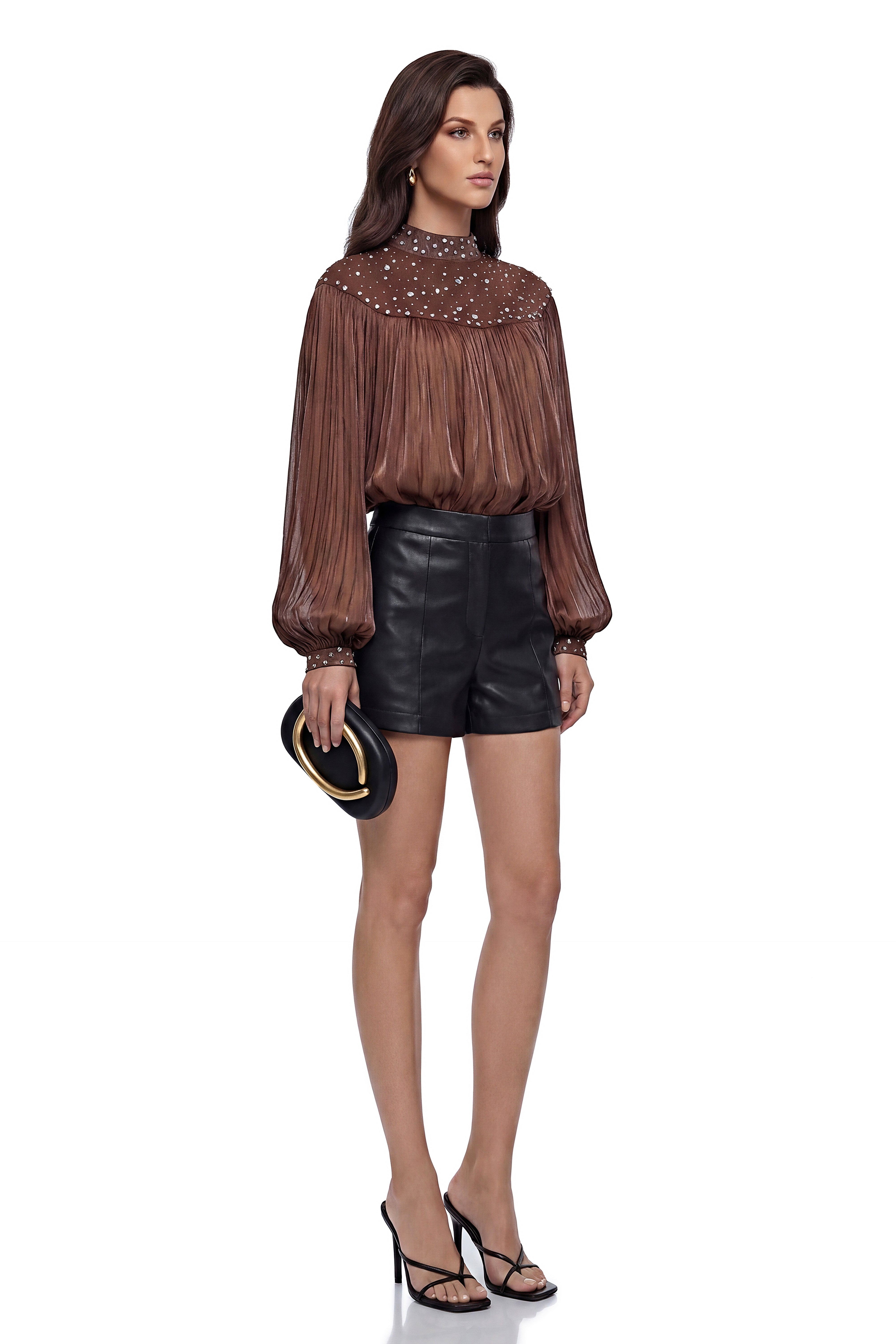 Freyja Chocolate Brown Embellished Pleated Chiffon Blouse