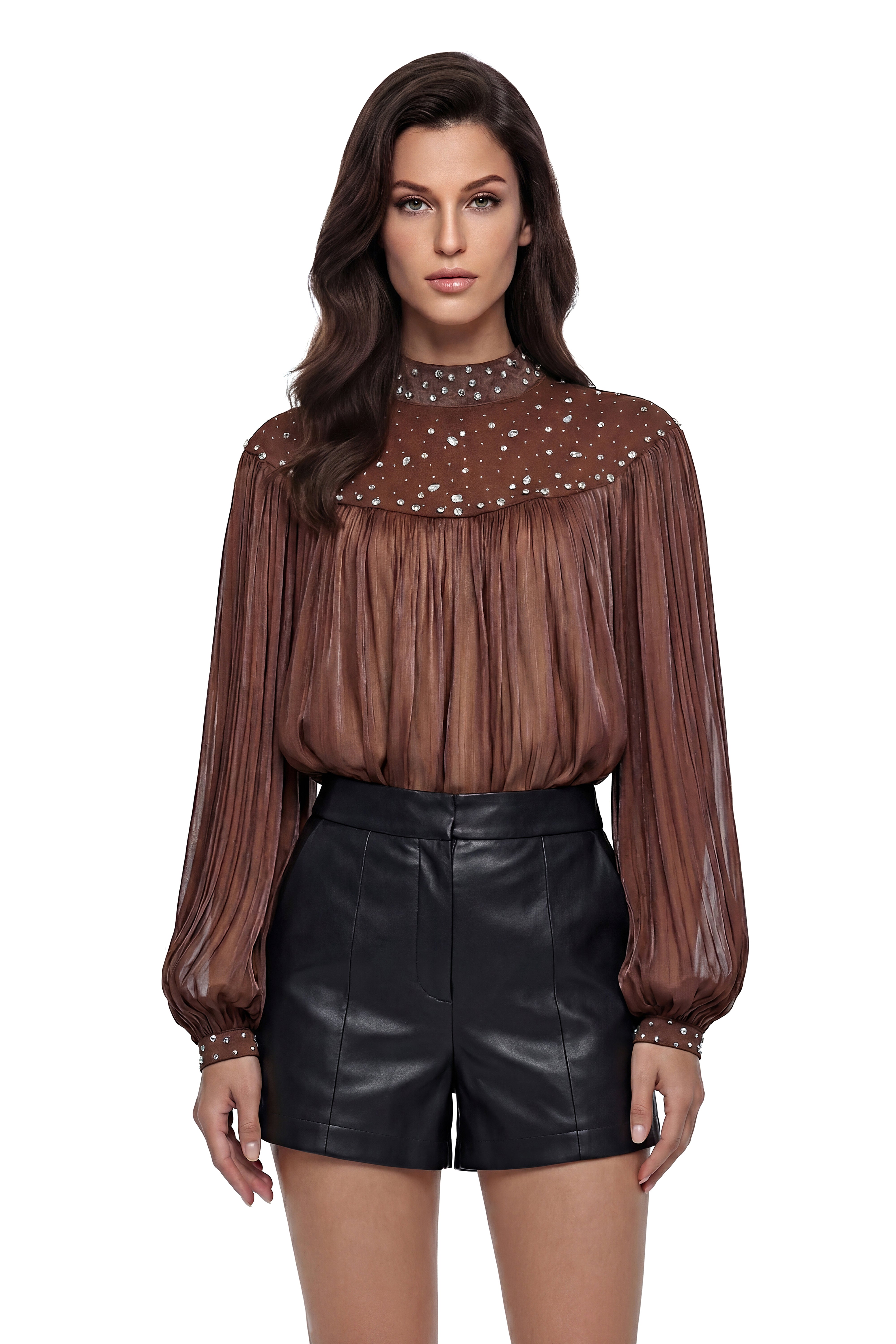 Freyja Chocolate Brown Embellished Pleated Chiffon Blouse