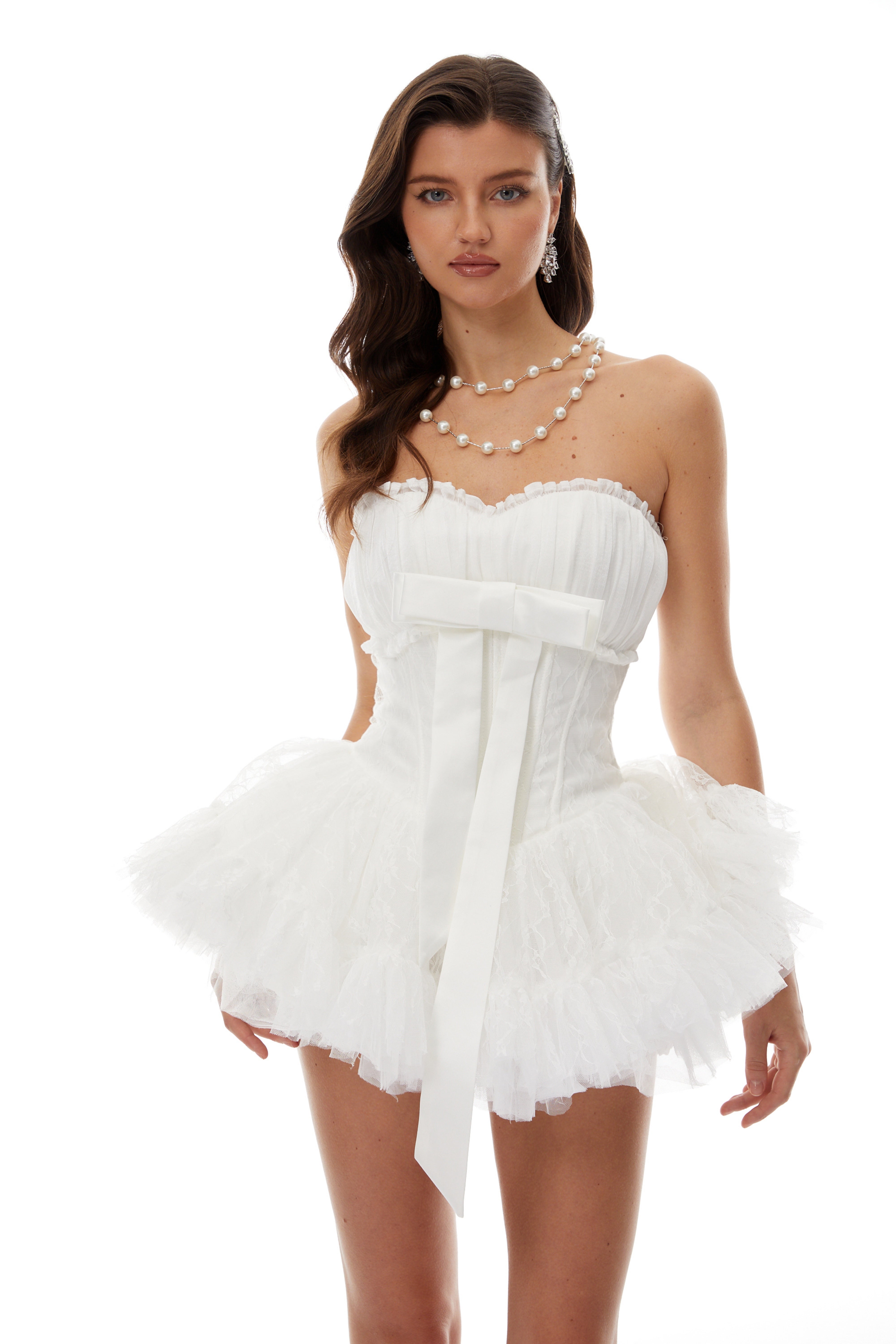 Gabriela White Bow Detail Ruffled Mini Dress