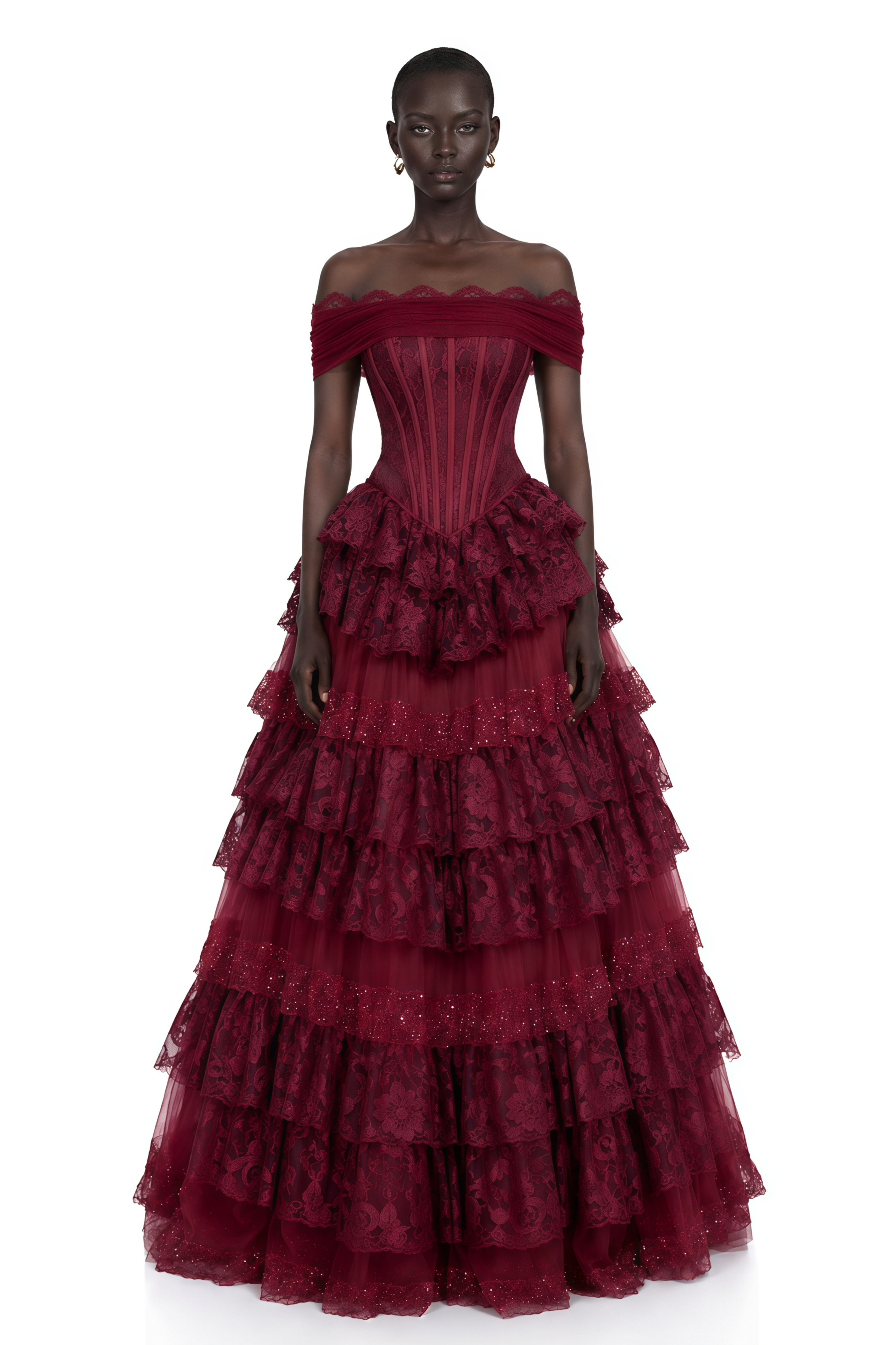 Gabrielle Burgundy Floral Lace Tiered Maxi Dress