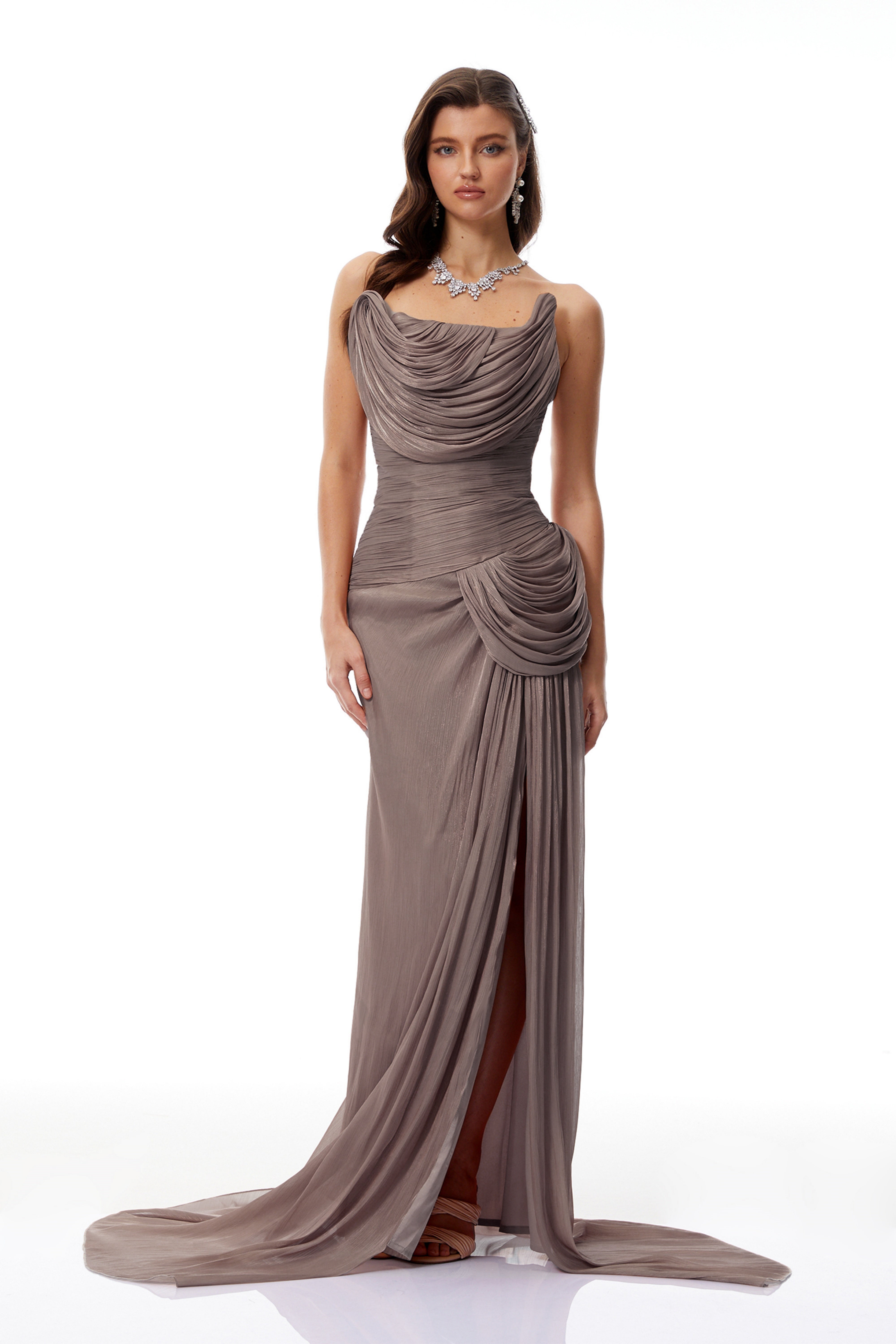 Gelsomina Grey Asymmetrical Glossy Gathered Maxi Dress