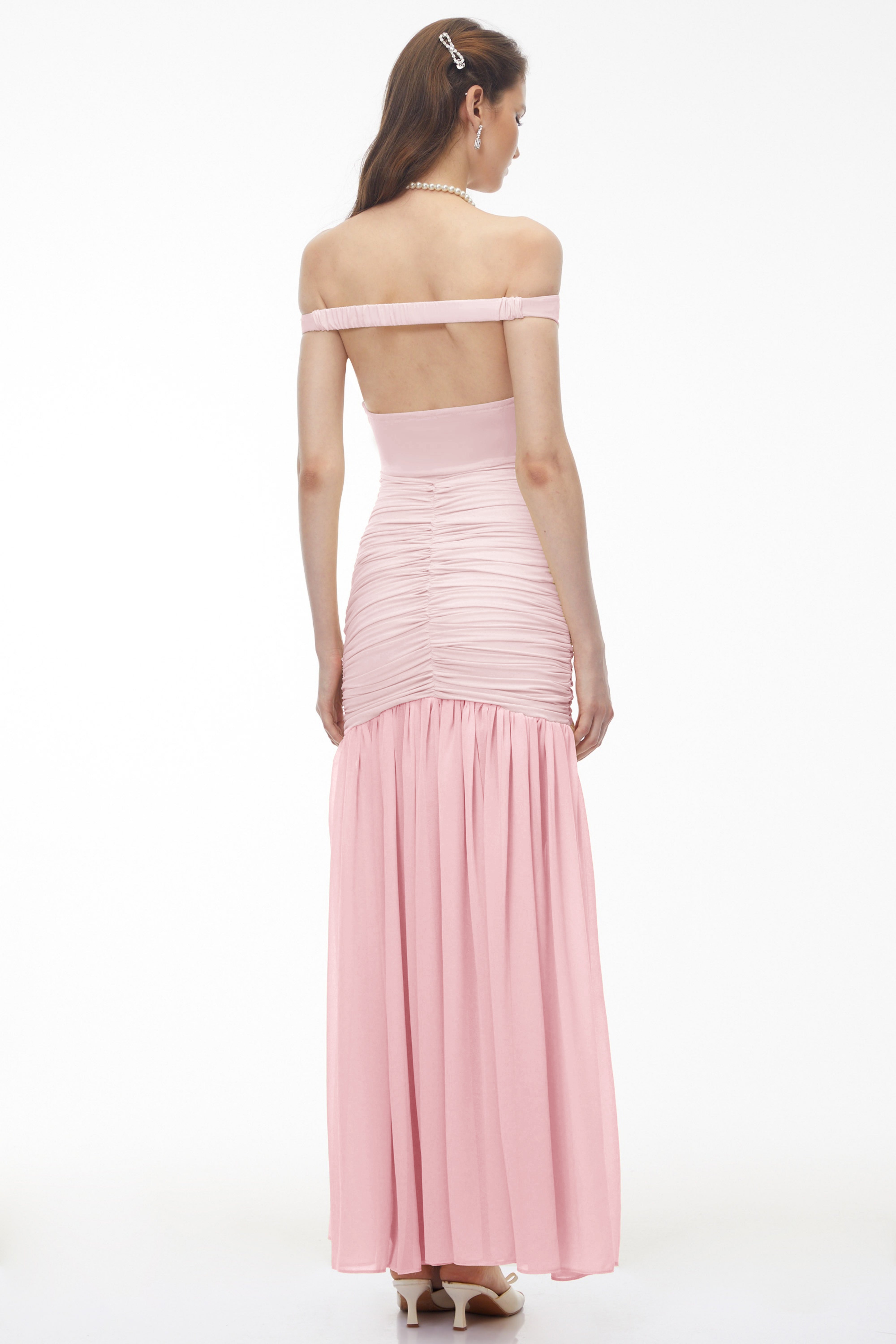 Geneviève Pink Off Shoulder Ruched Maxi Dress