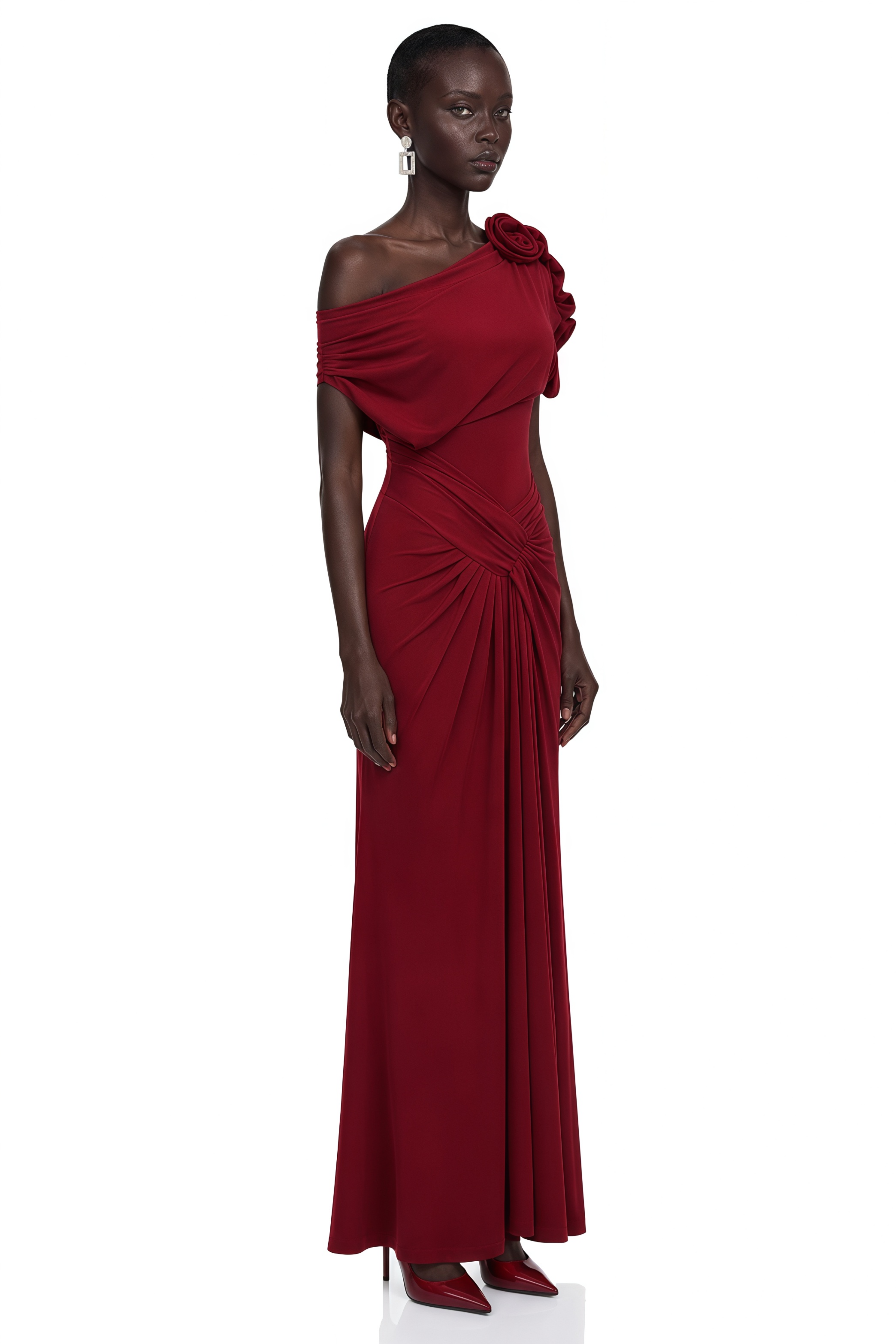 Genevieve Red One Shoulder Ruched Maxi Dress
